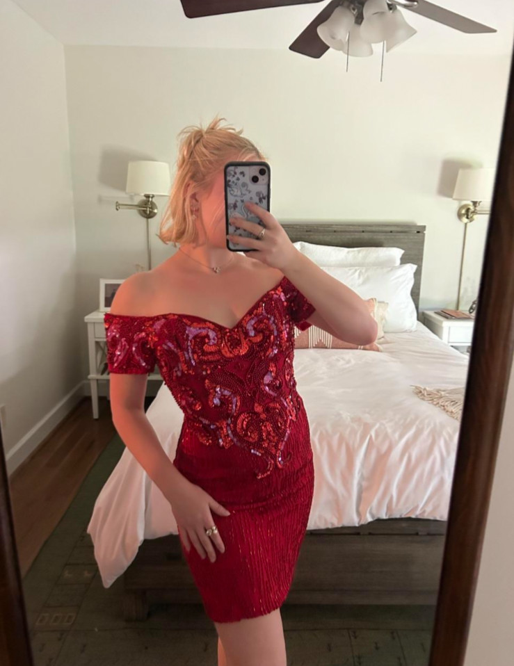 Alyce Designs Vintage Silk Red Beaded Off the Shoulder Dress