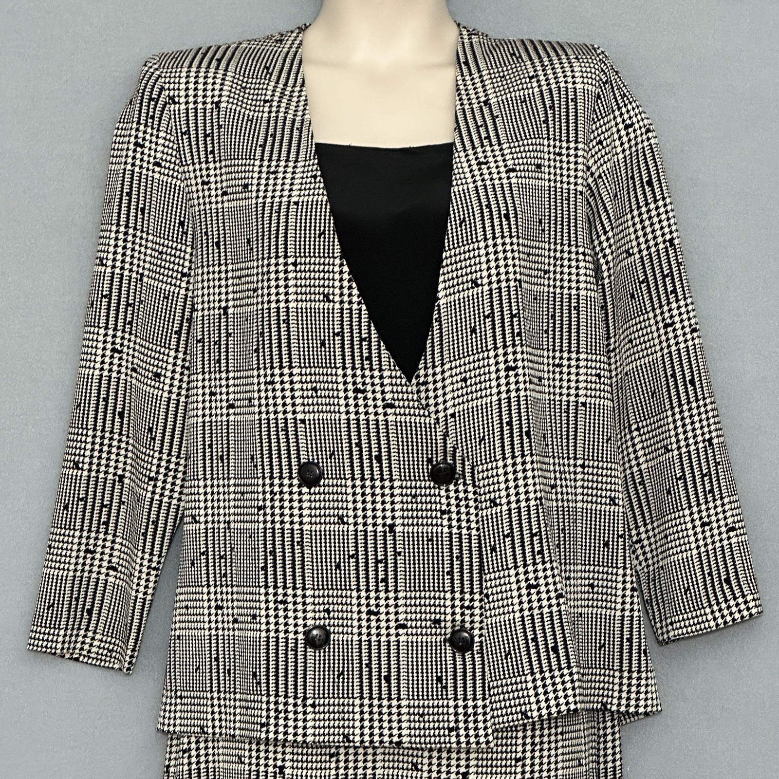 VTG 80s ACT II Women Suit 12 Ivory Houndstooth Check Plaid Power Classic Office