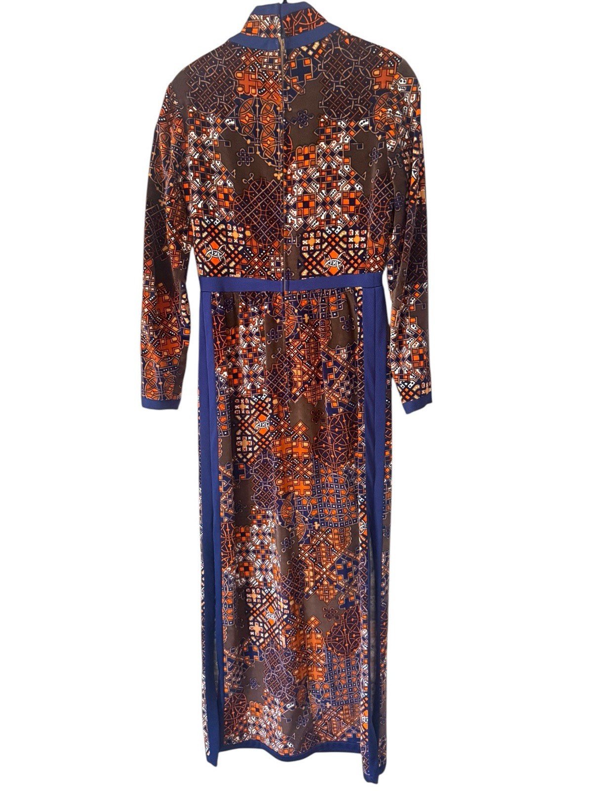 Vtg 60s/70s Robert David Morton Long Sleeve Maxi Dress Brown Orange Small