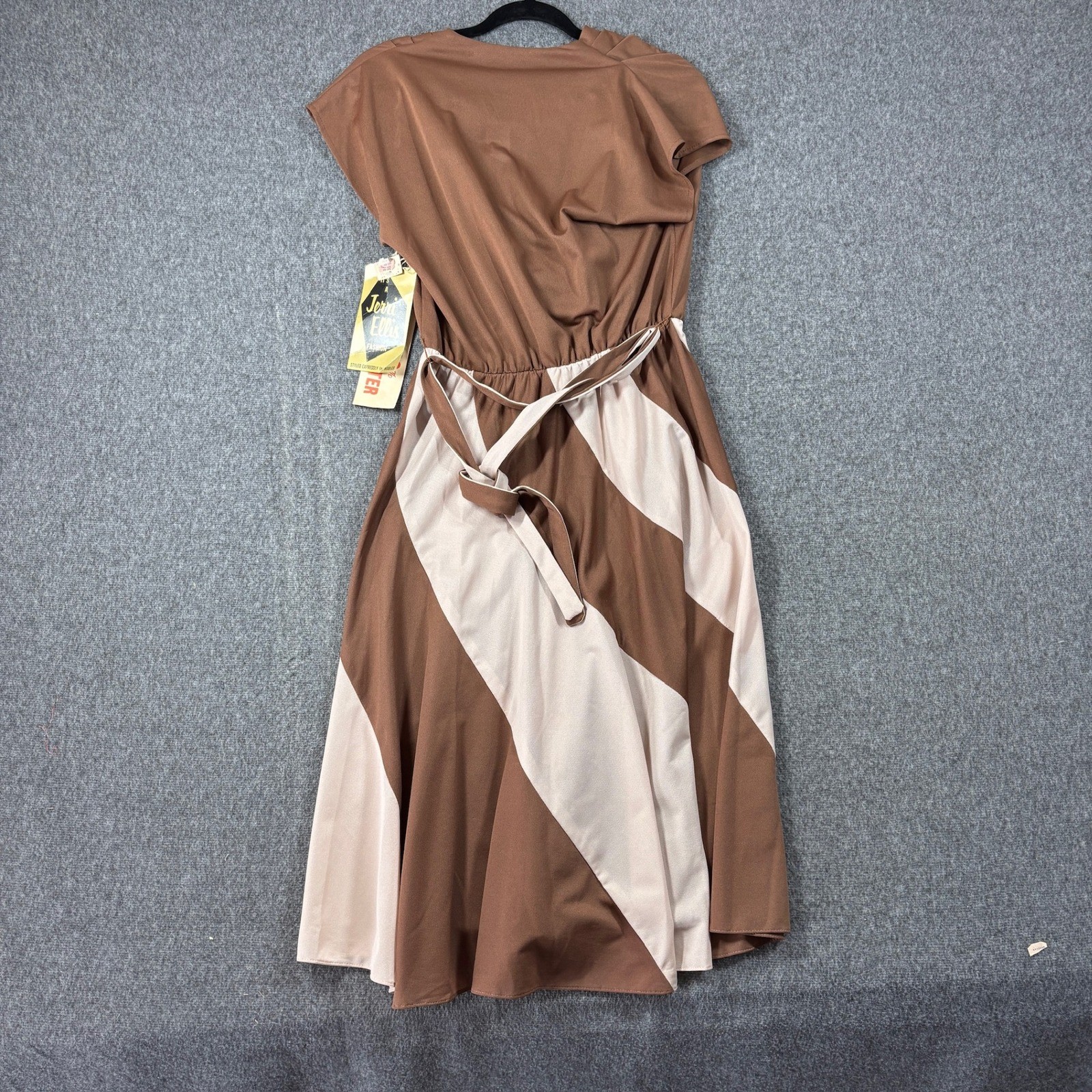 Vintage Jerri Ellis Brown Cream Diagonal Stripe Midi Dress w/belt Size 12 NWT
