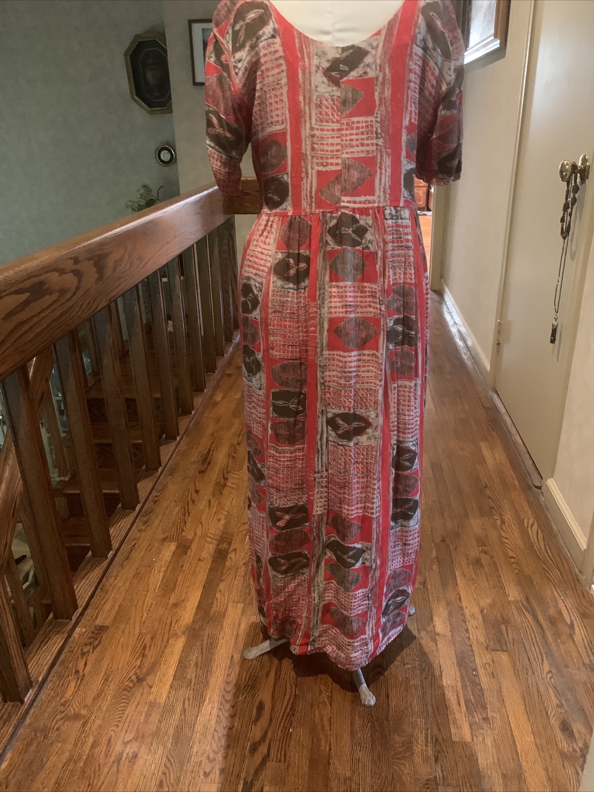VINTAGE RABBIT DESIGNS ROOMY BOHO SHORT SLEEVE POCKETS MULTI COLOR DRESS SZ. M
