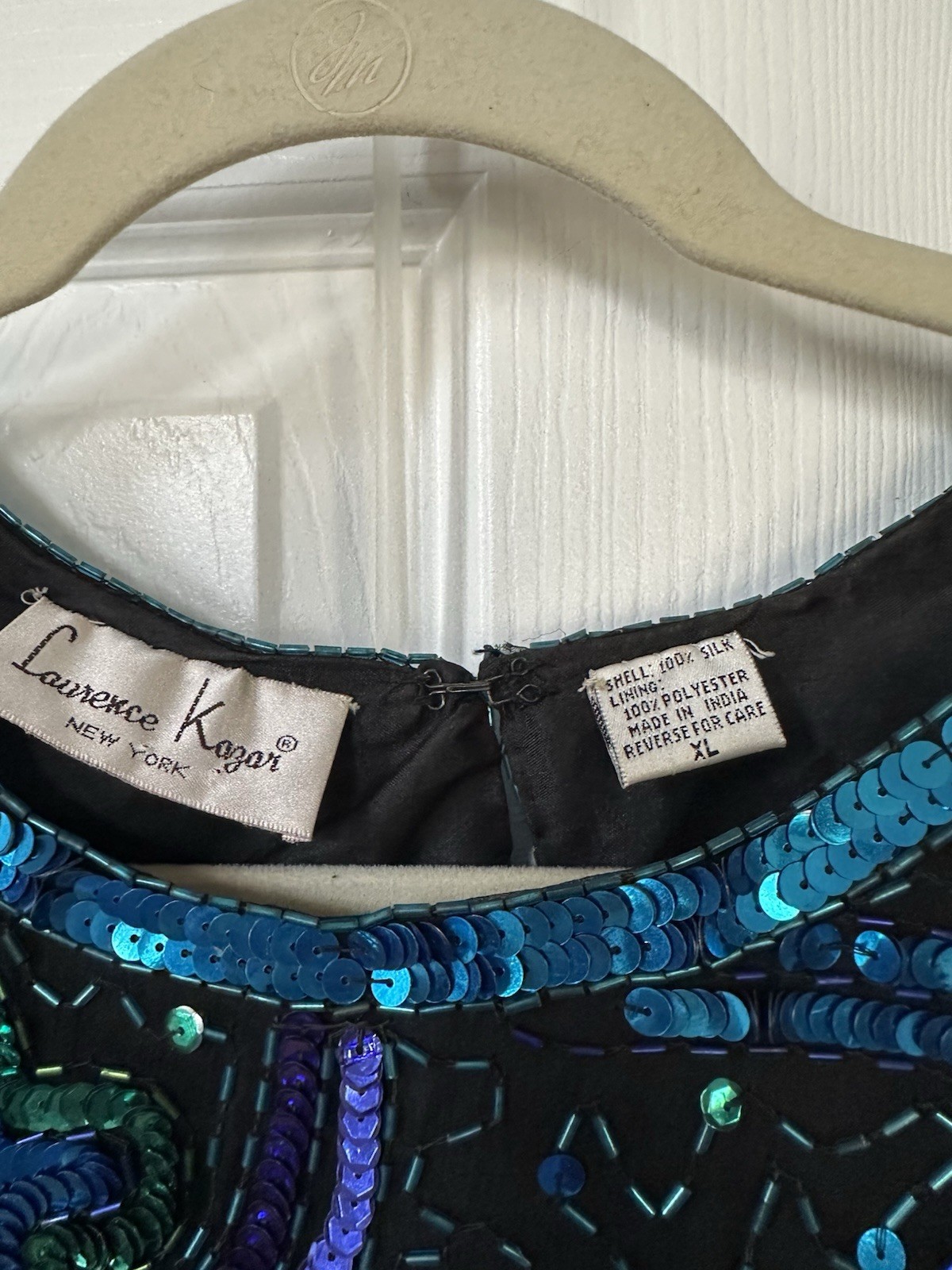 Vintage Laurence Kazar Beaded Sequin Glam Top 80s Dynasty Party Blues Hem XL
