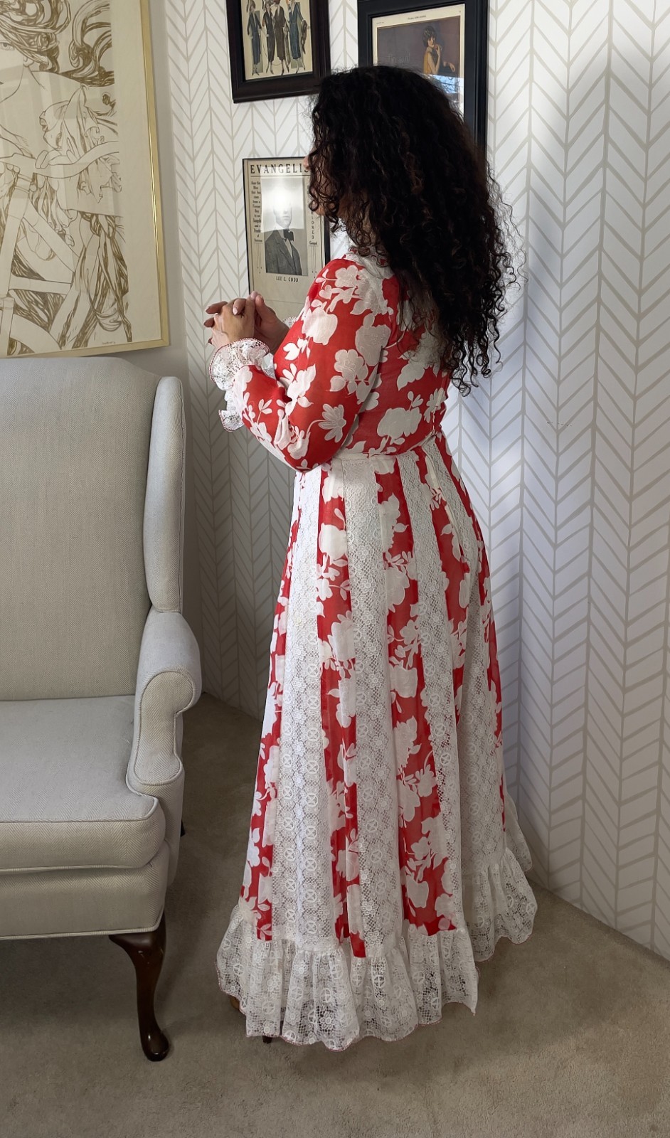 Vintage 70s Unique Full Length Red White Cotton Polyester Lace Dress