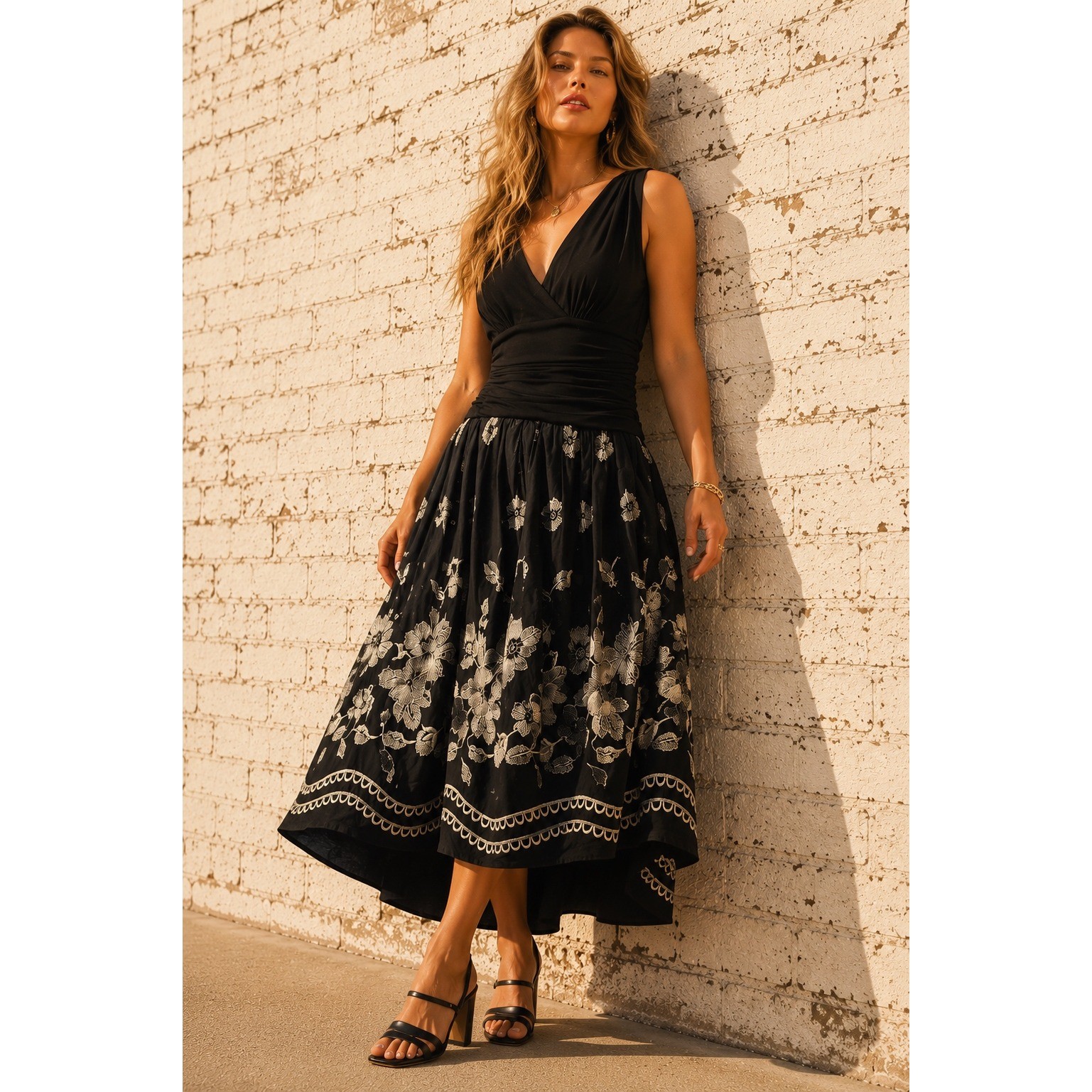 Vintage S.L. Fashions Black Embroidered Floral Fit Flare Midi Dress Cocktail 10