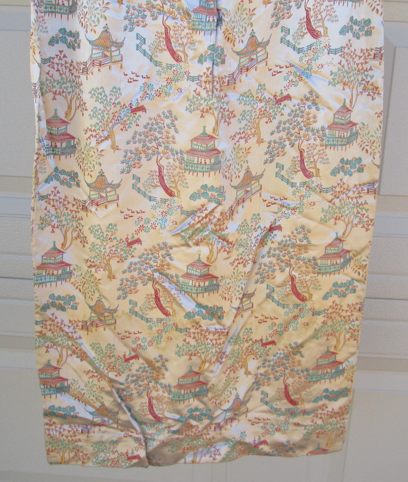 Asian Silky Cocktail Dress Peach Red Yellow Turquoise Blue Landscape Vintage