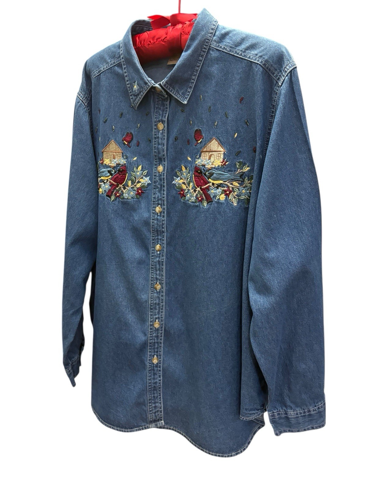 Vintage Just My Size 100% Cotton Denim Blouse 26W/28W Birds Flowers Cottagecore