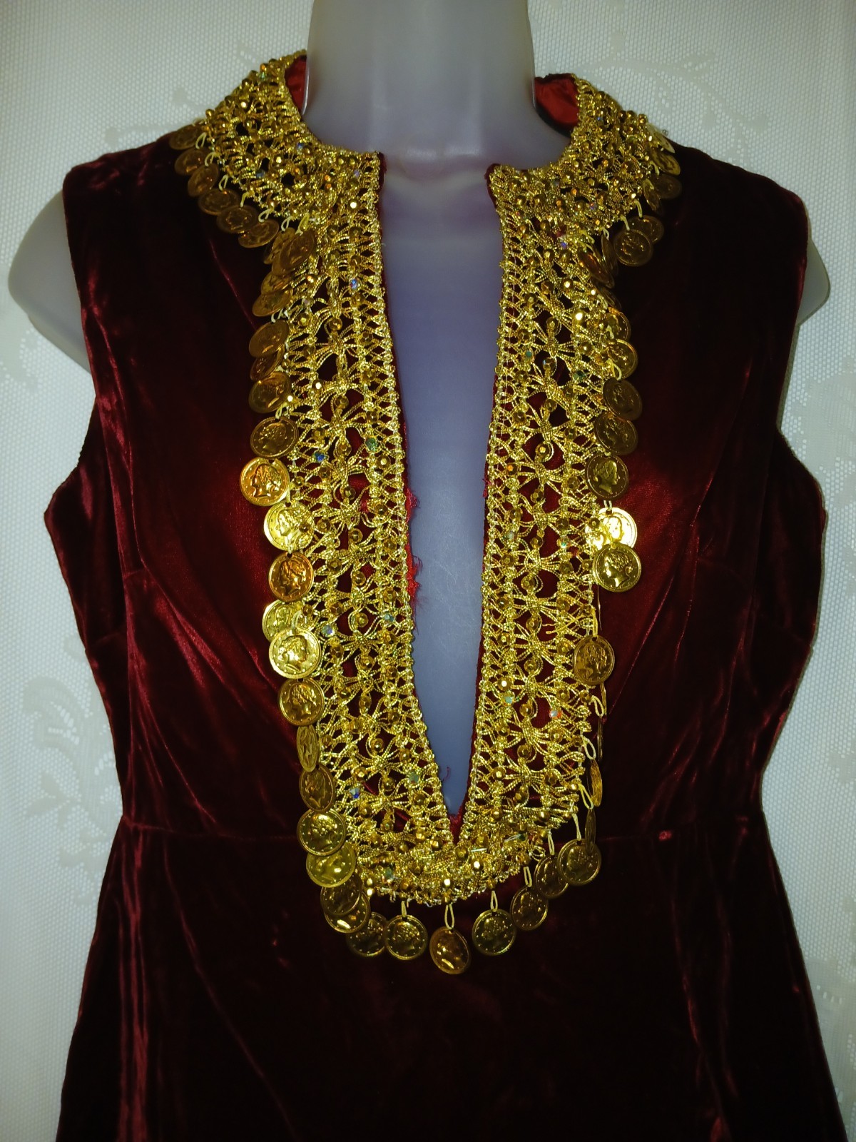 Vintage 60s Renaissance Revival Red Velvet Gold Brocade Coins Tunic Mini Dress