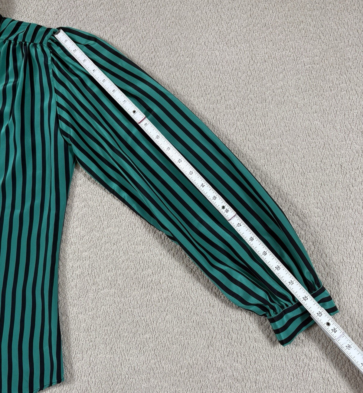 Vintage Pussy Bow Scarf Blouse Button Up Women&rsquo;s 8 Striped Green Made In USA