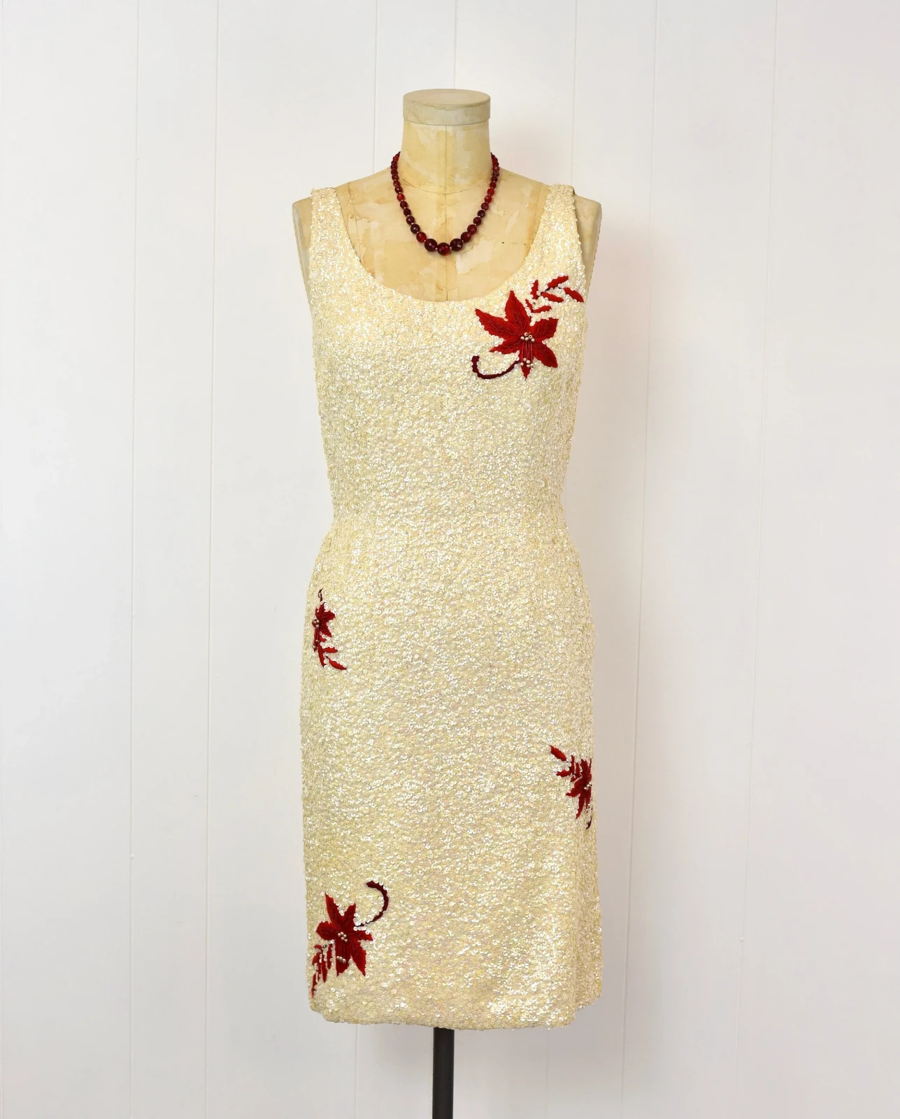 Vintage 1960s Sequin Beaded Floral Poinsettia White Red Holiday Pencil Dress