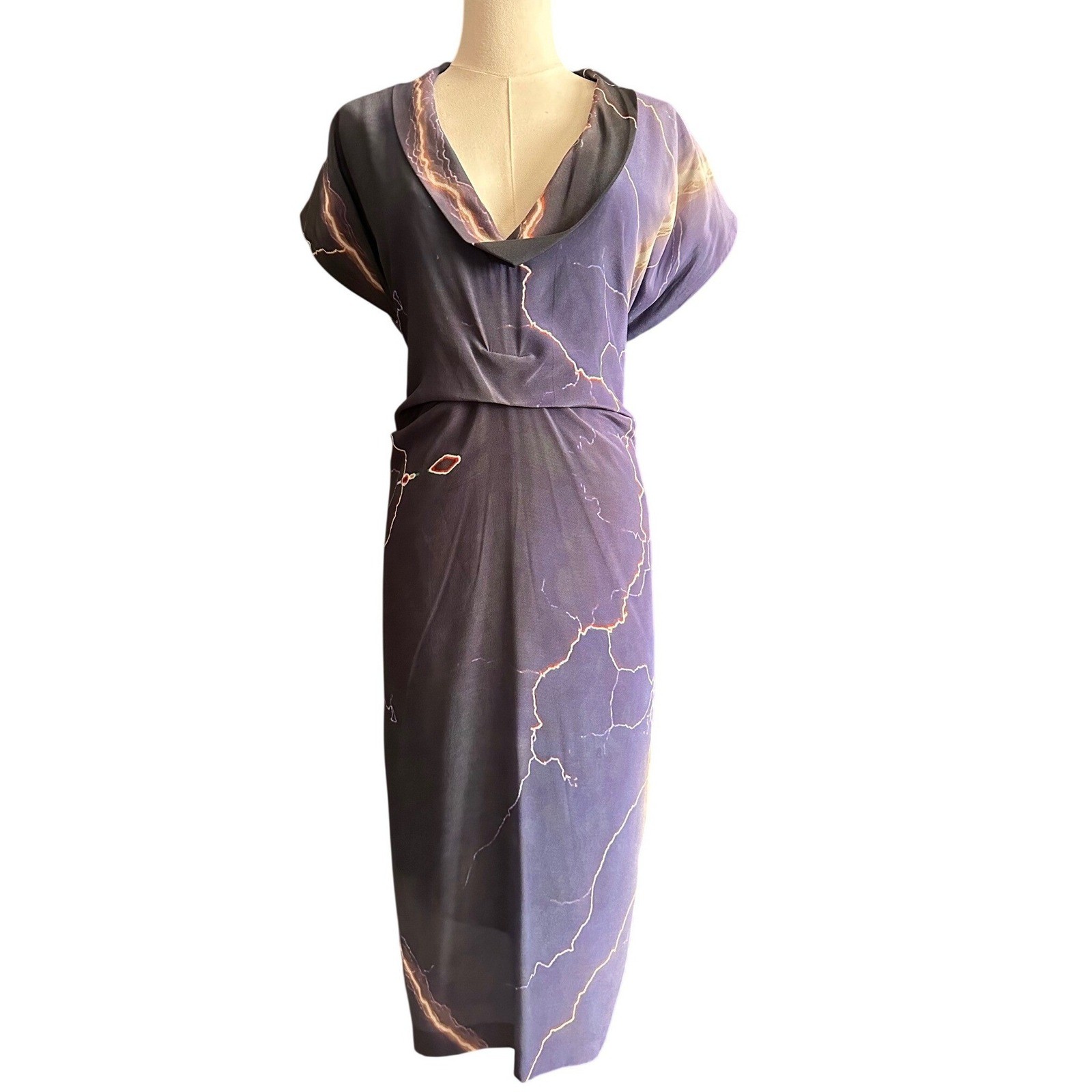 Risto Silk Lightning Print Dress L Avant Garde Archival Whimsigoth Dark Luxe V-N