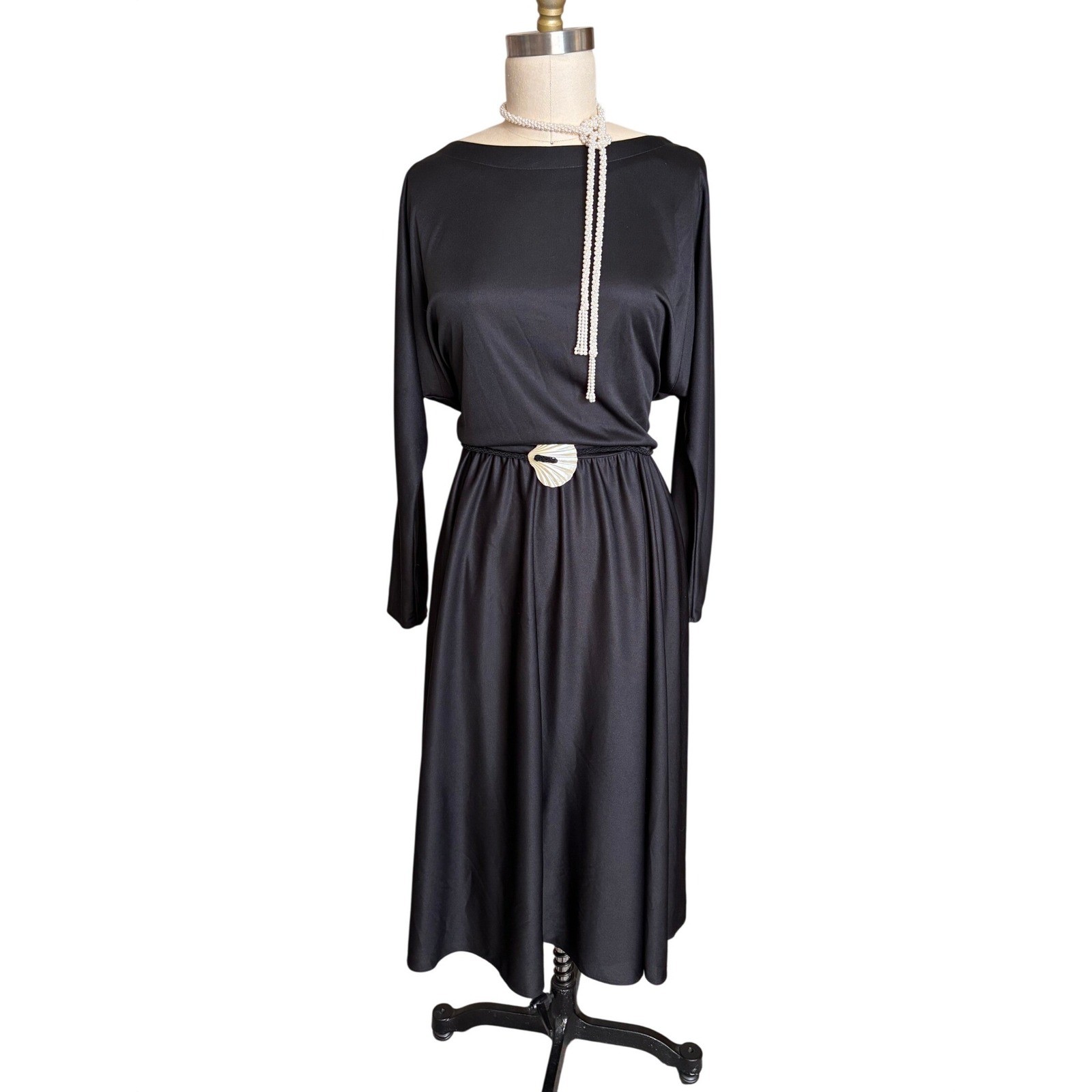 Vintage 70s ILGWU Midi Dress Womens M Black Shell Belt Dolman Sleeve Union