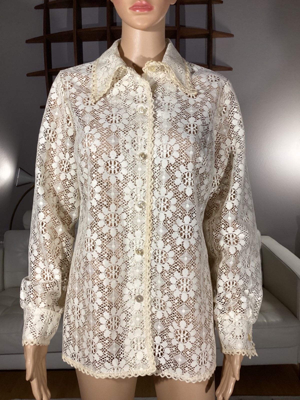 Vintage 70s Mr Stan Floral LACE Dagger Collar Blouse Shirt Womens 13/14 Hippie