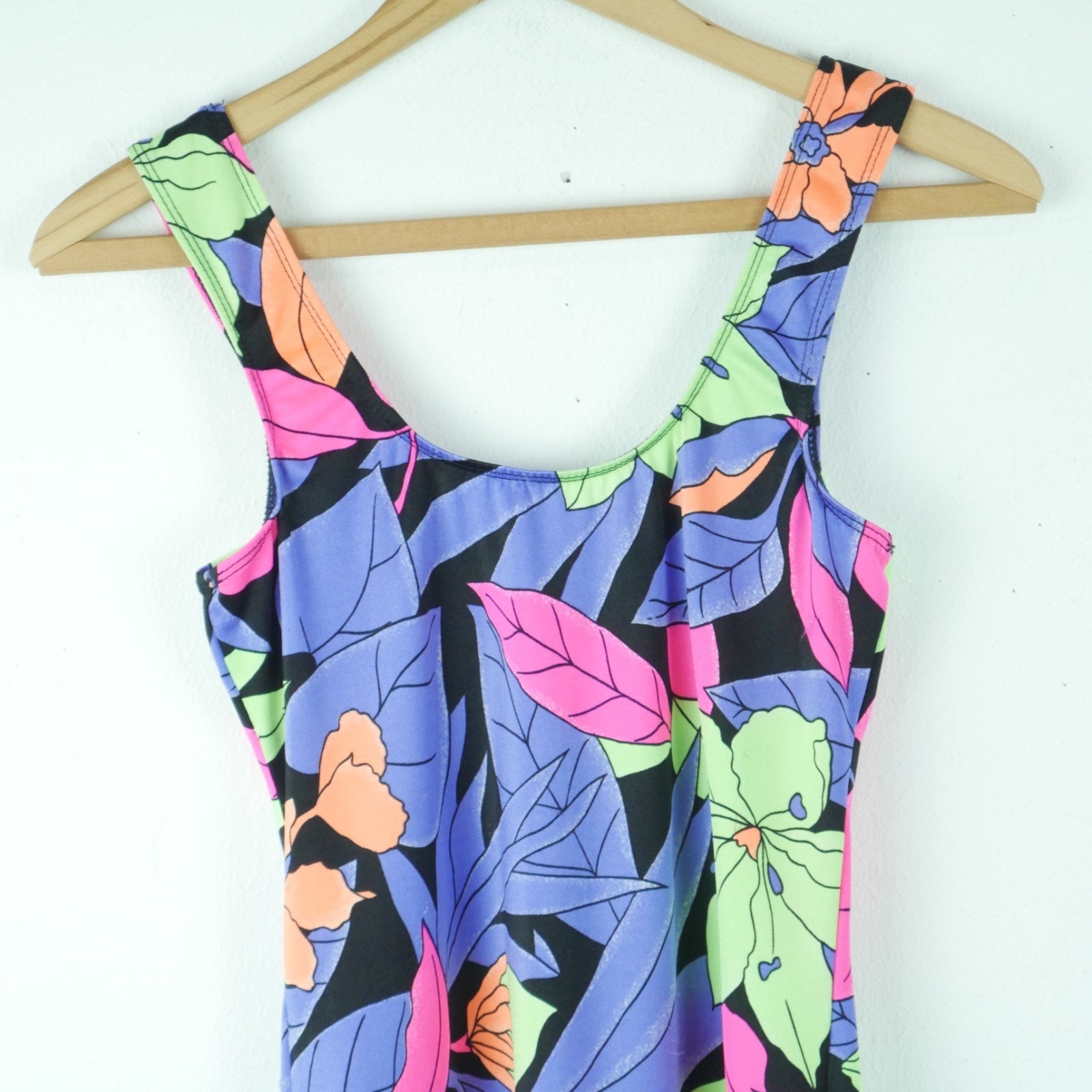 Vintage XS S Swim Dress Multicolor Neon Bodycon Mini Beach Resort Tropical Print