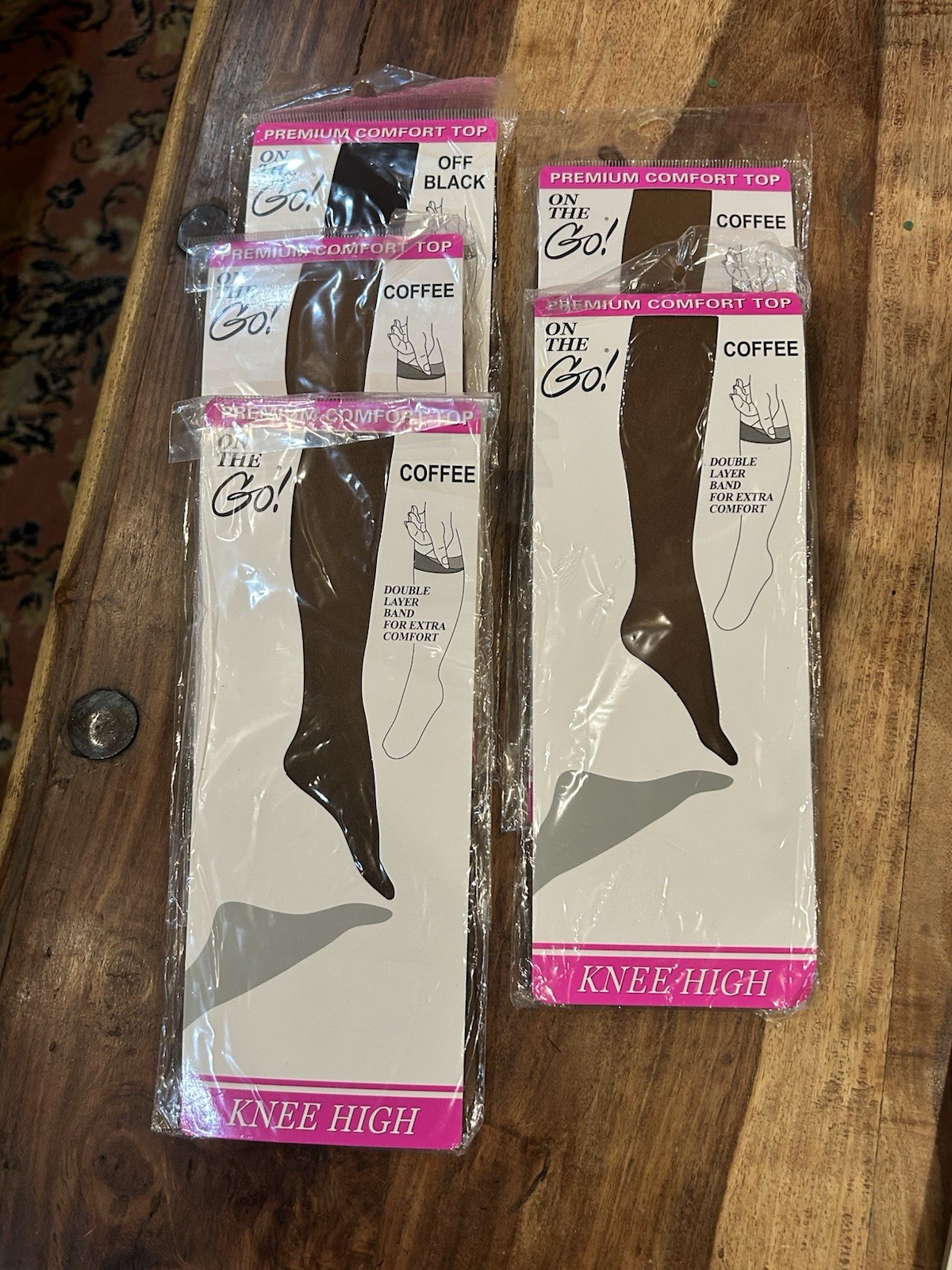 5 pair vintage knee highs size 8.5 to 11, 4 colored Coffee, 1 Black. New In Pkg