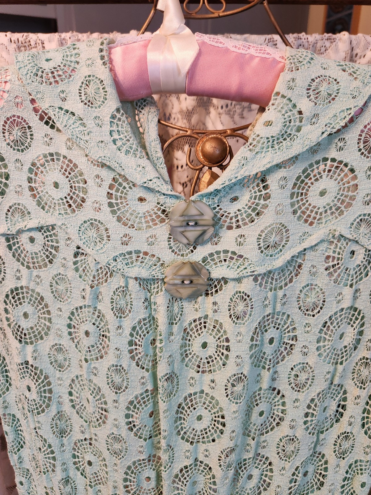 1930s Aqua Cotton Crochet Lace Dress with Cap Sleeves and Pockets XS
