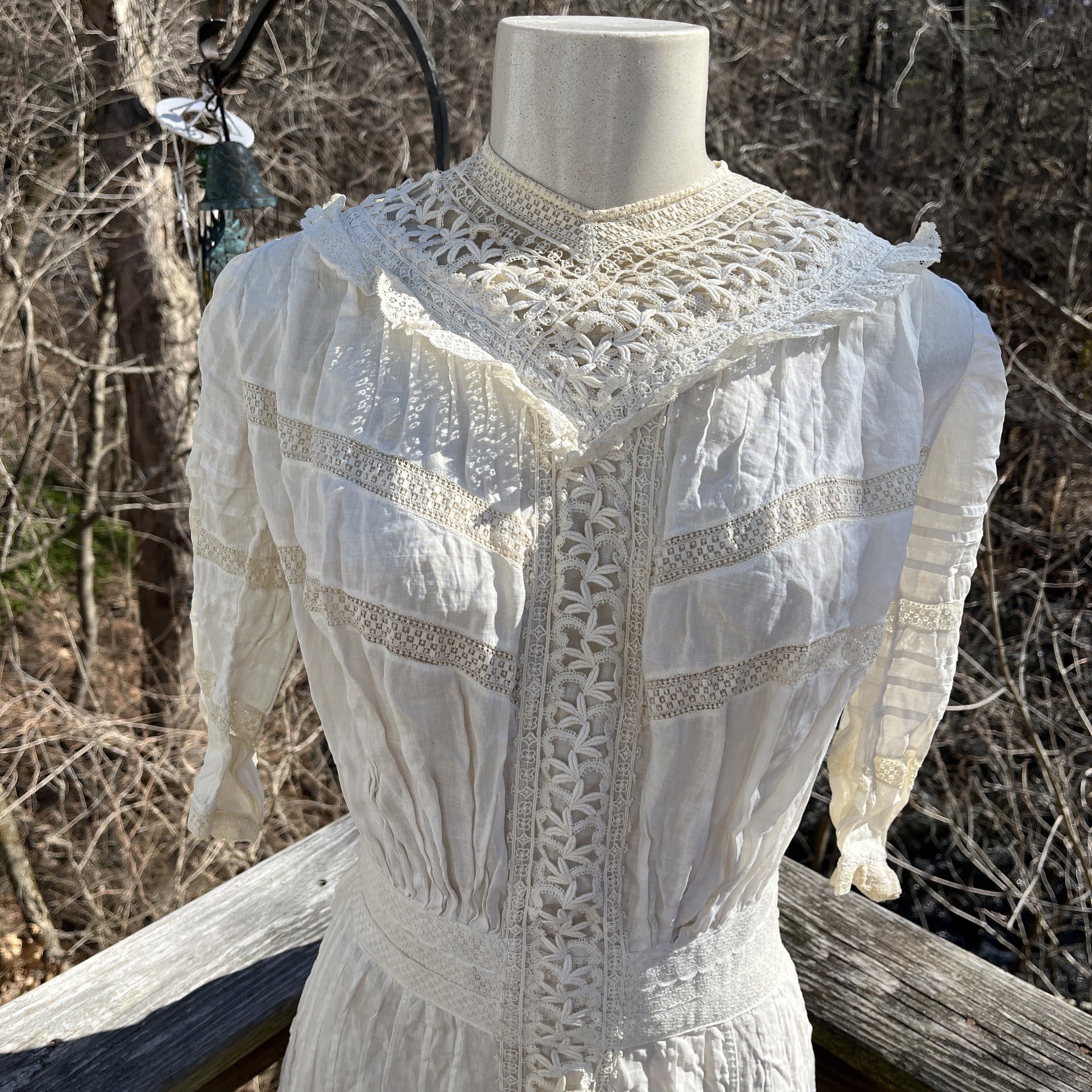Authentic Edwardian Off White Cotton Lawn Dress c.1900 Lace Pintuck Button Back