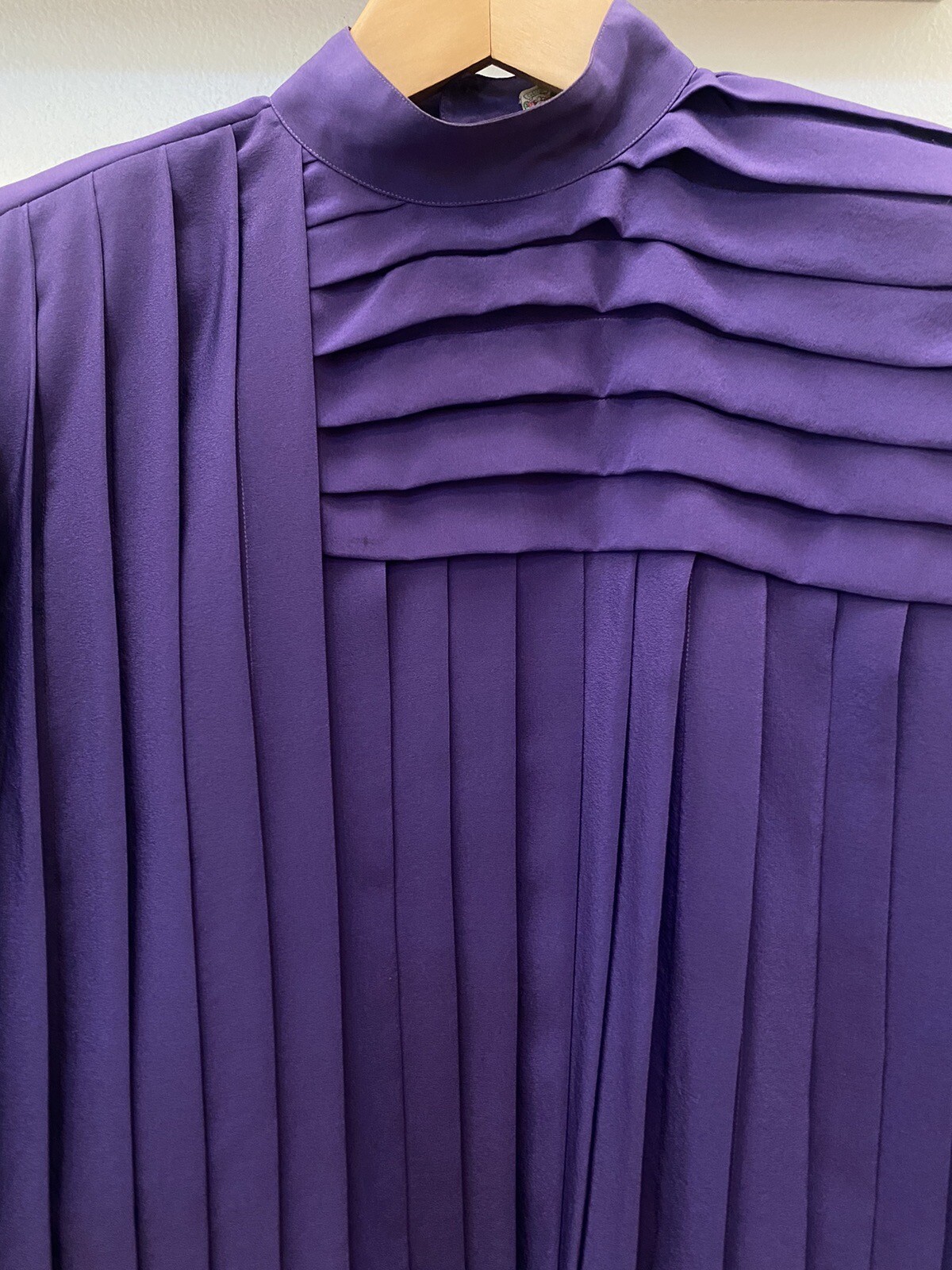 GUCCI Authentic Vintage 80s Purple Silk Pleated L/S Lined Blouse Size 42 Italy