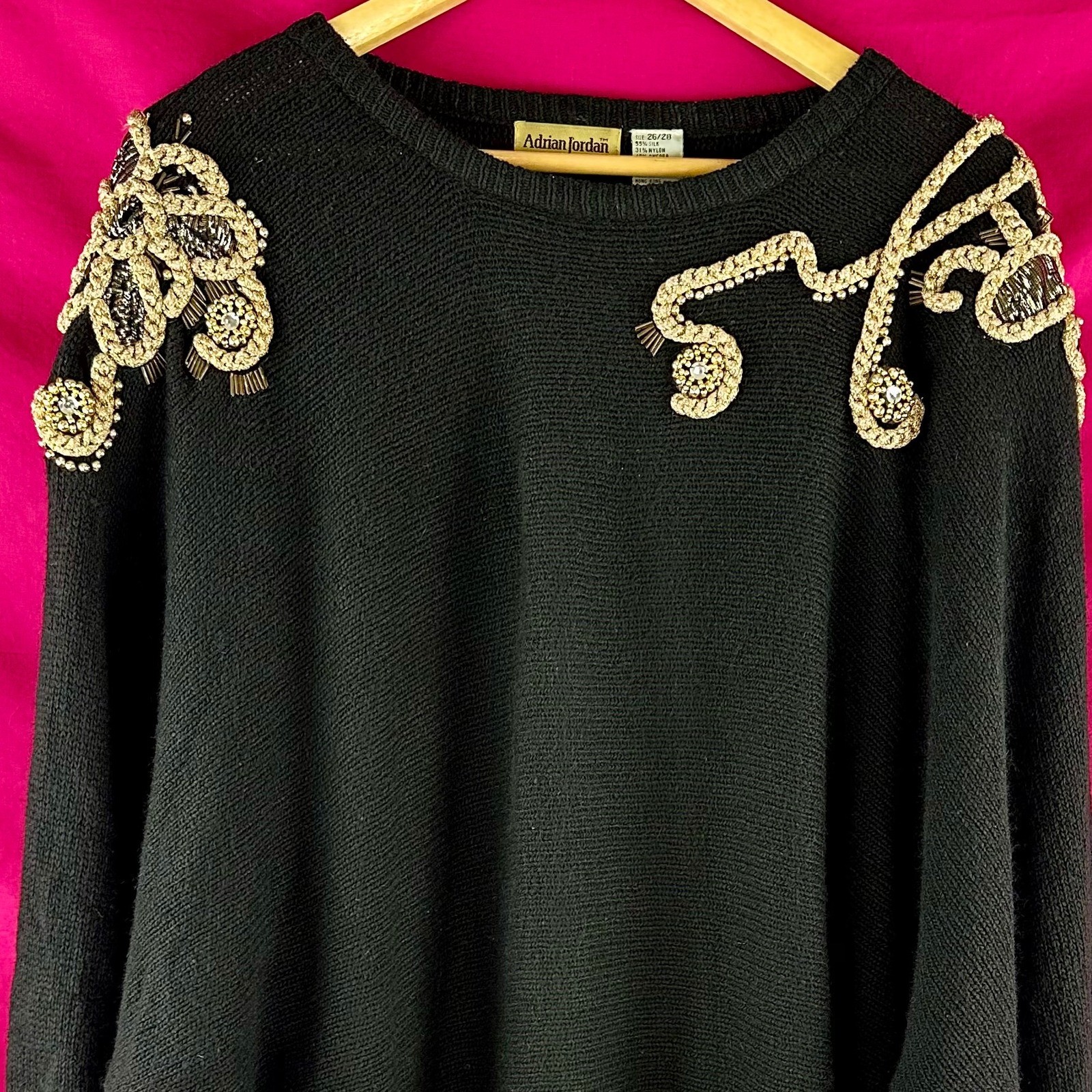 Vintage 80s Beaded Rhinestone Sweater Black Gold Angora Silk Wool NYE Plus 26/28