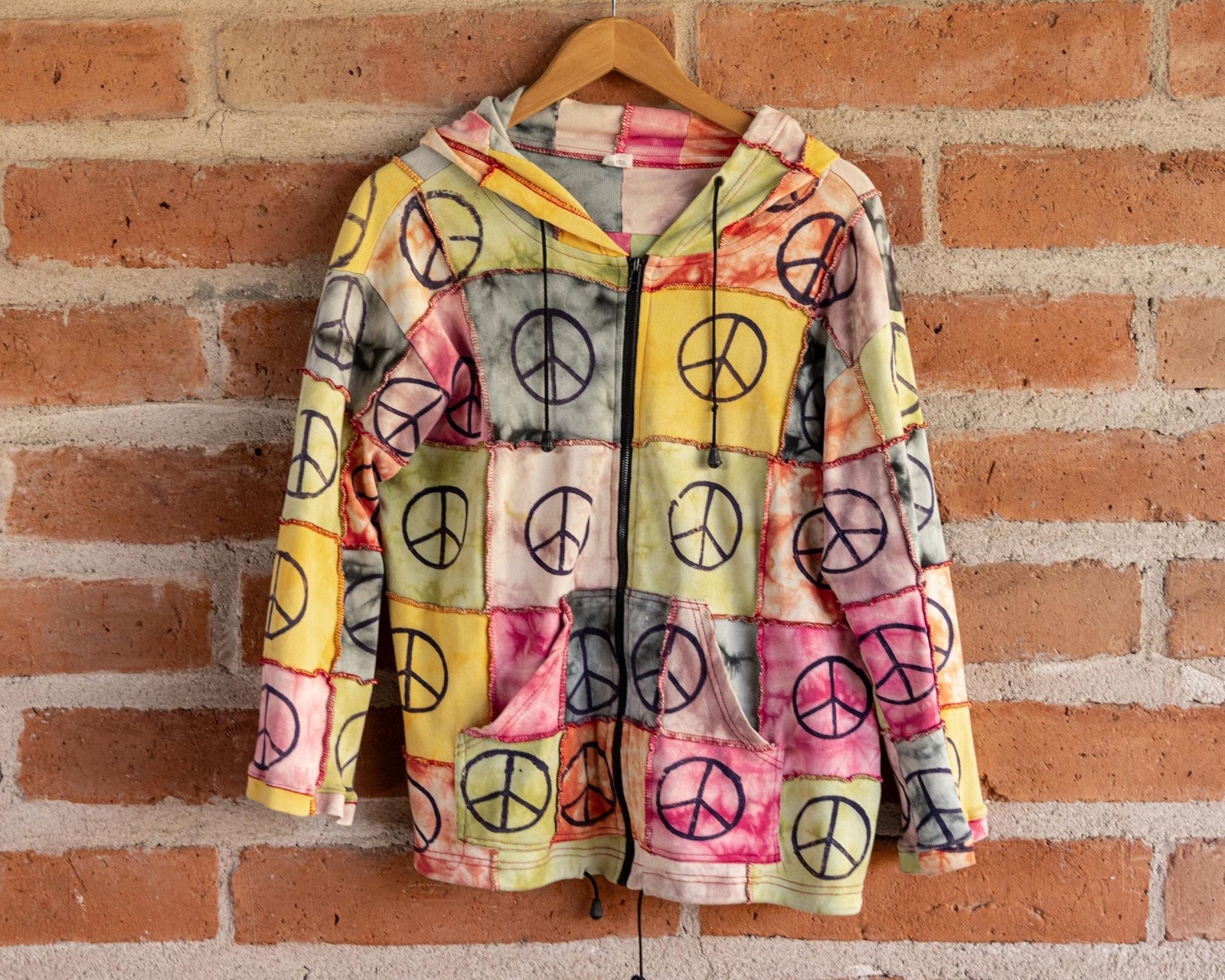 Vintage 90s Y2K Whimsigoth Peace Patchwork Nepal Hippie Hoodie Sweatshirt