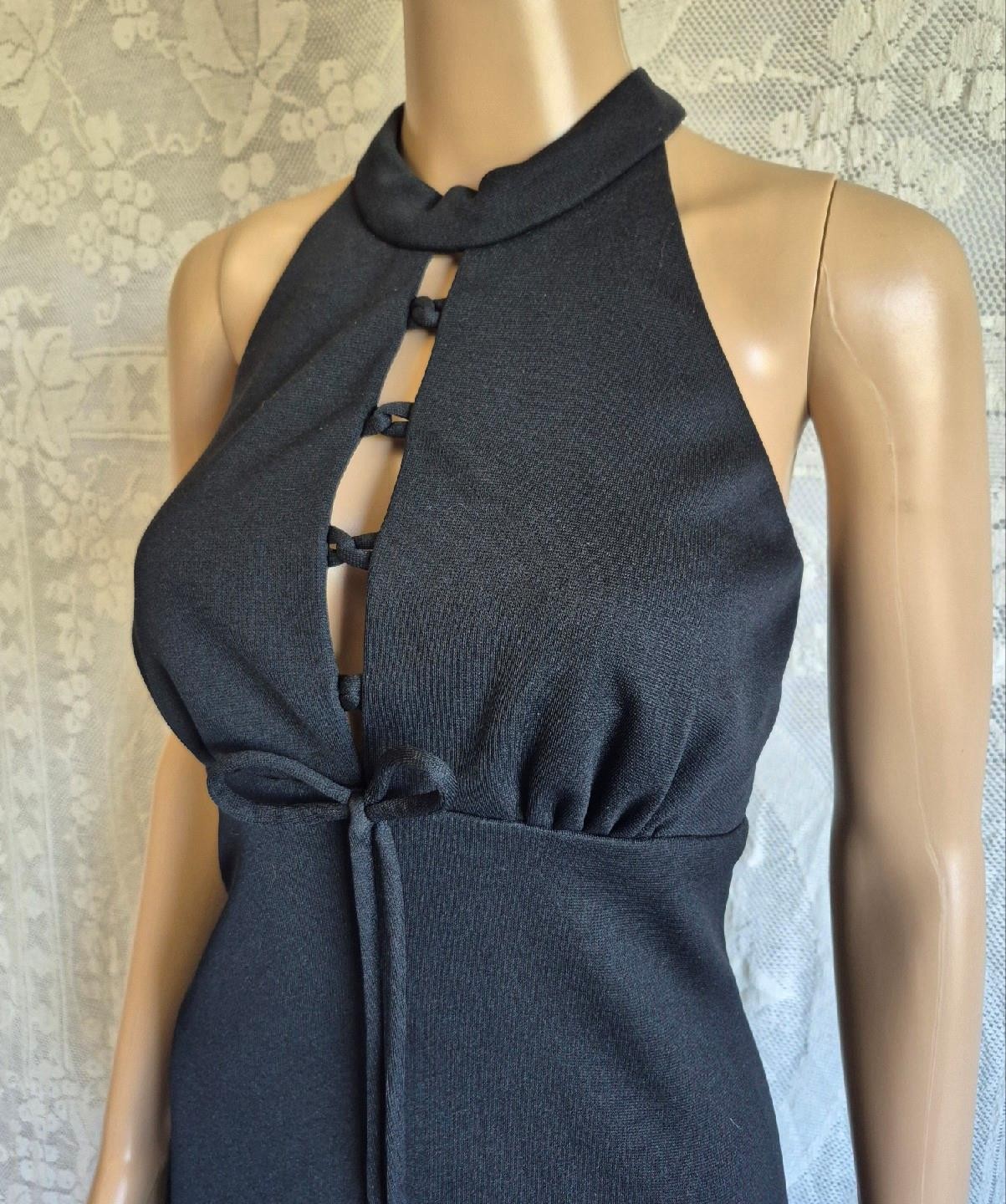 BOHO MODERN Vintage 70s LBD Halter Neck Cage Back Empire Waist MAXI DRESS – S/M