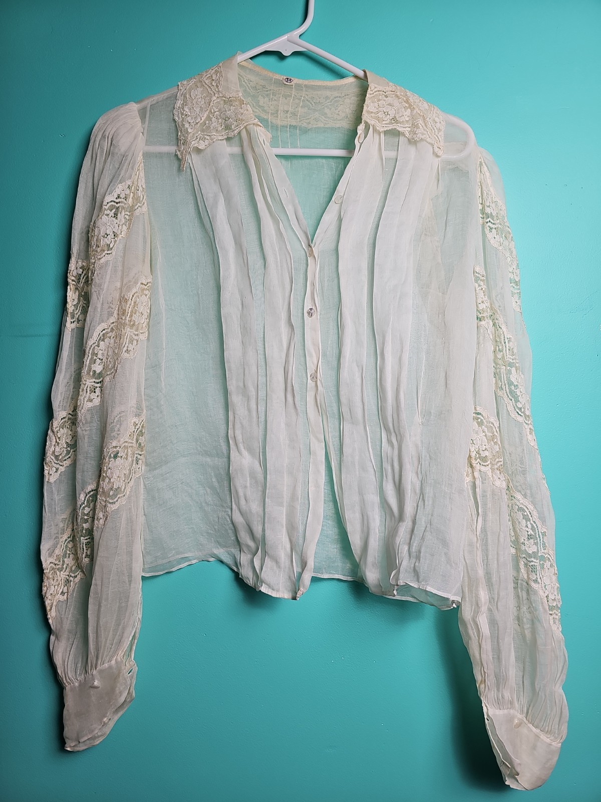 Vintage Sheer Victorian Edwardian Blouse Top Lace Puffy Sleeves