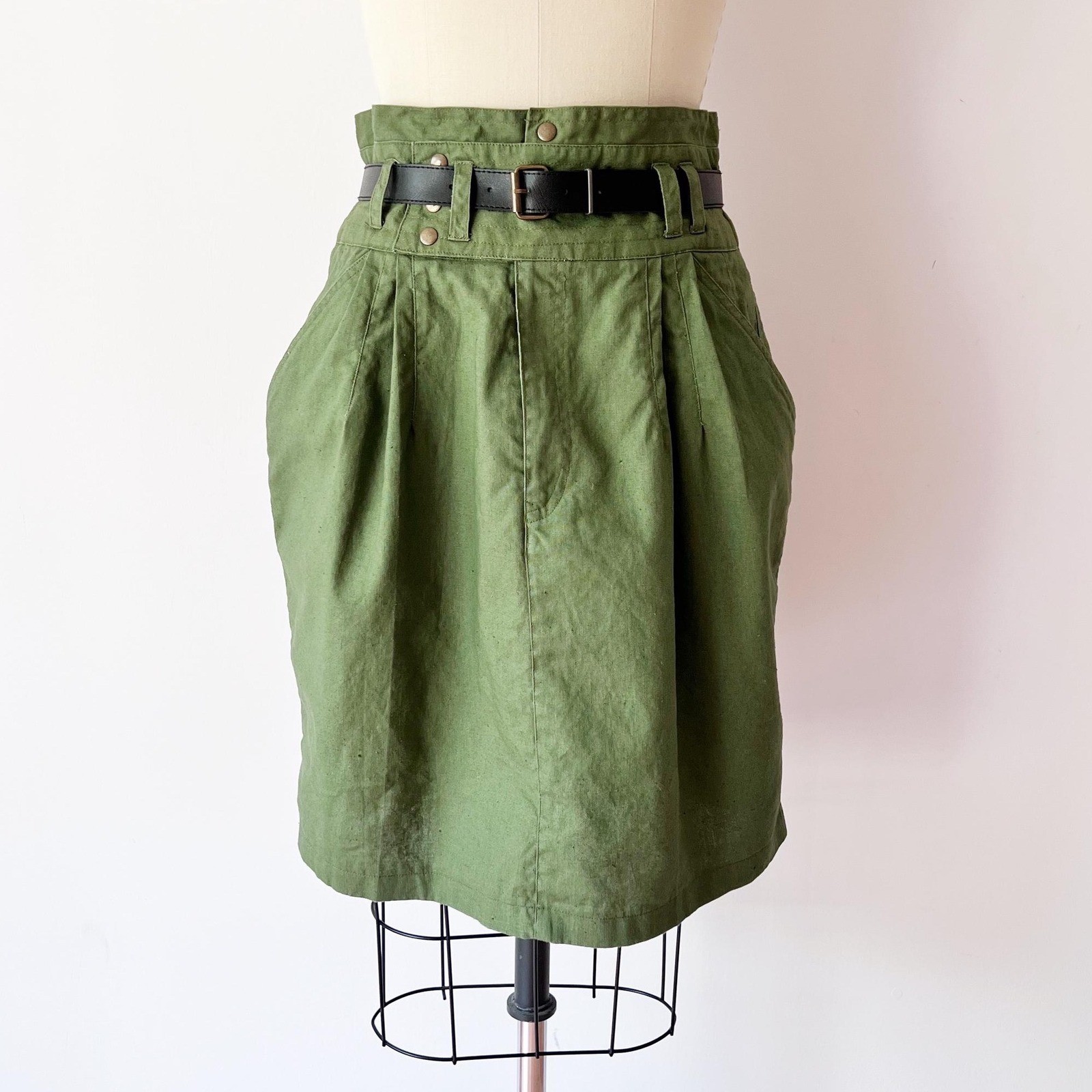 Safari Vintage Olive Green Cotton Pleated High Waist Skirt Belted Military