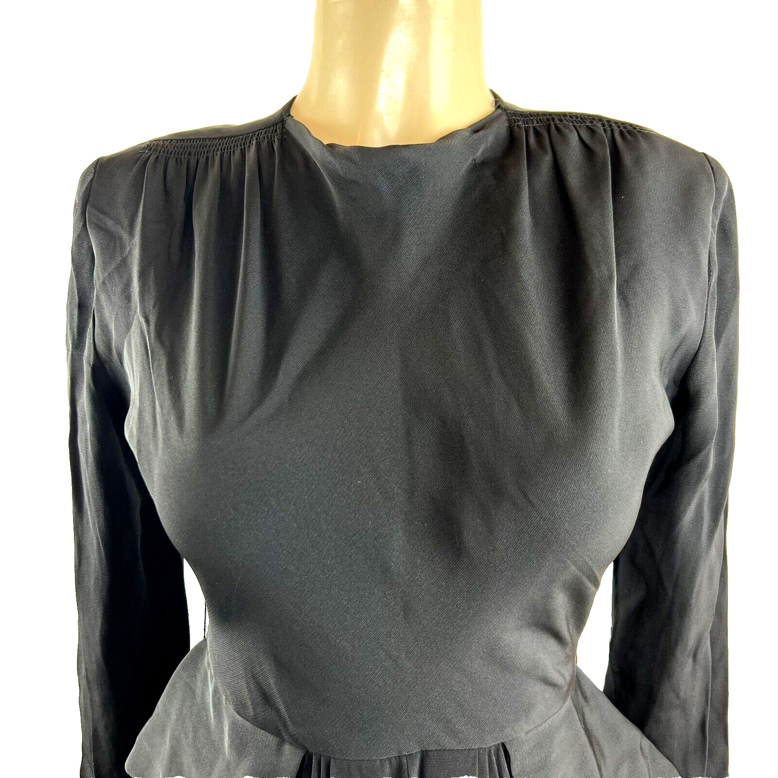 1940s Dress Solid Black Peplum Long Sleeve Knee Length Ben Lan Tag True Vintage