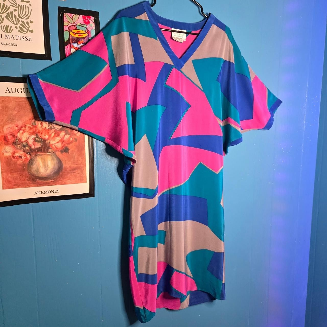 Rare 1980&rsquo;s Flora Kung 100% Silk Electric Geometric Batwing Dress Size 6
