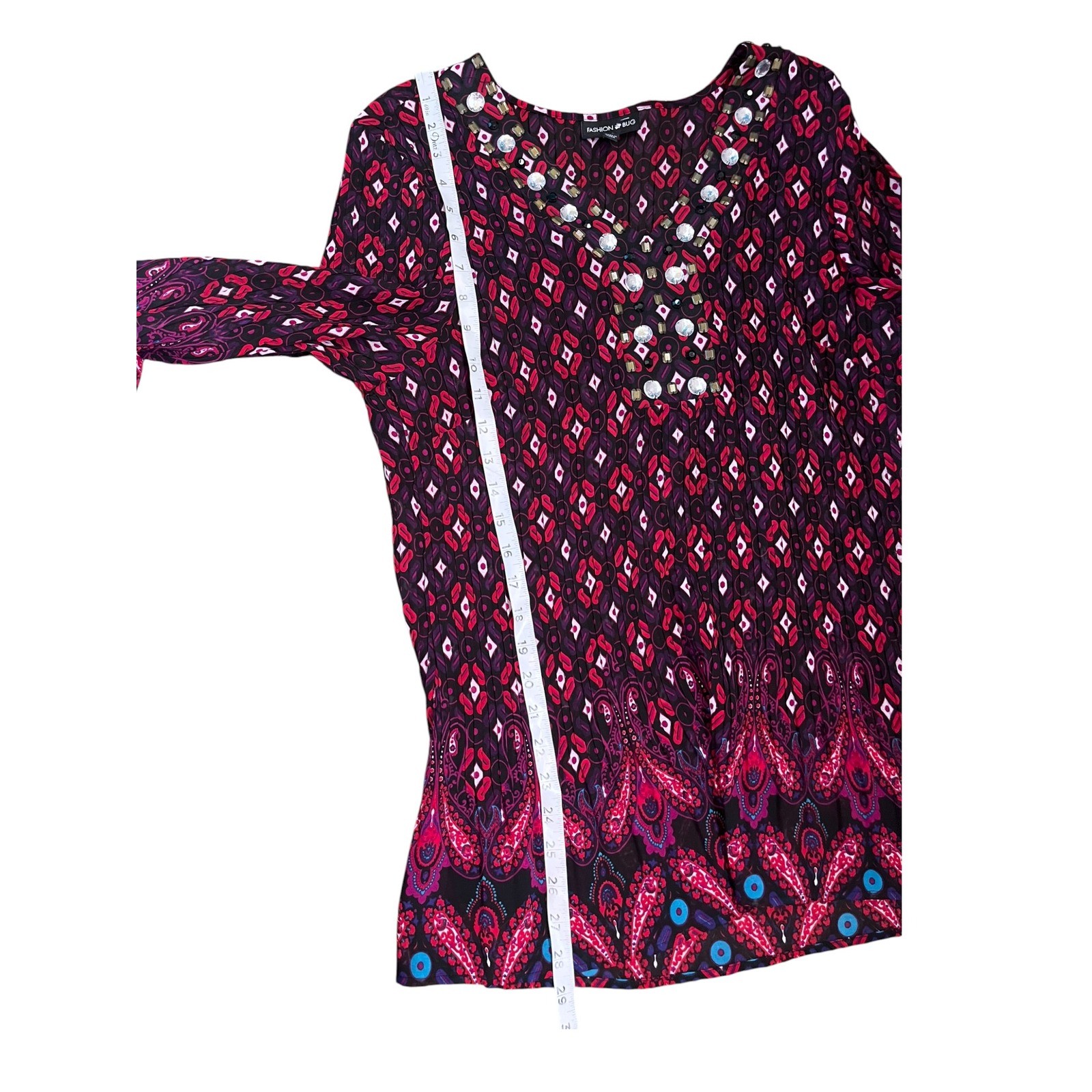 Fashion Bug Rhinestone Embellished Pleated Tunic V-Neck Top Size XL