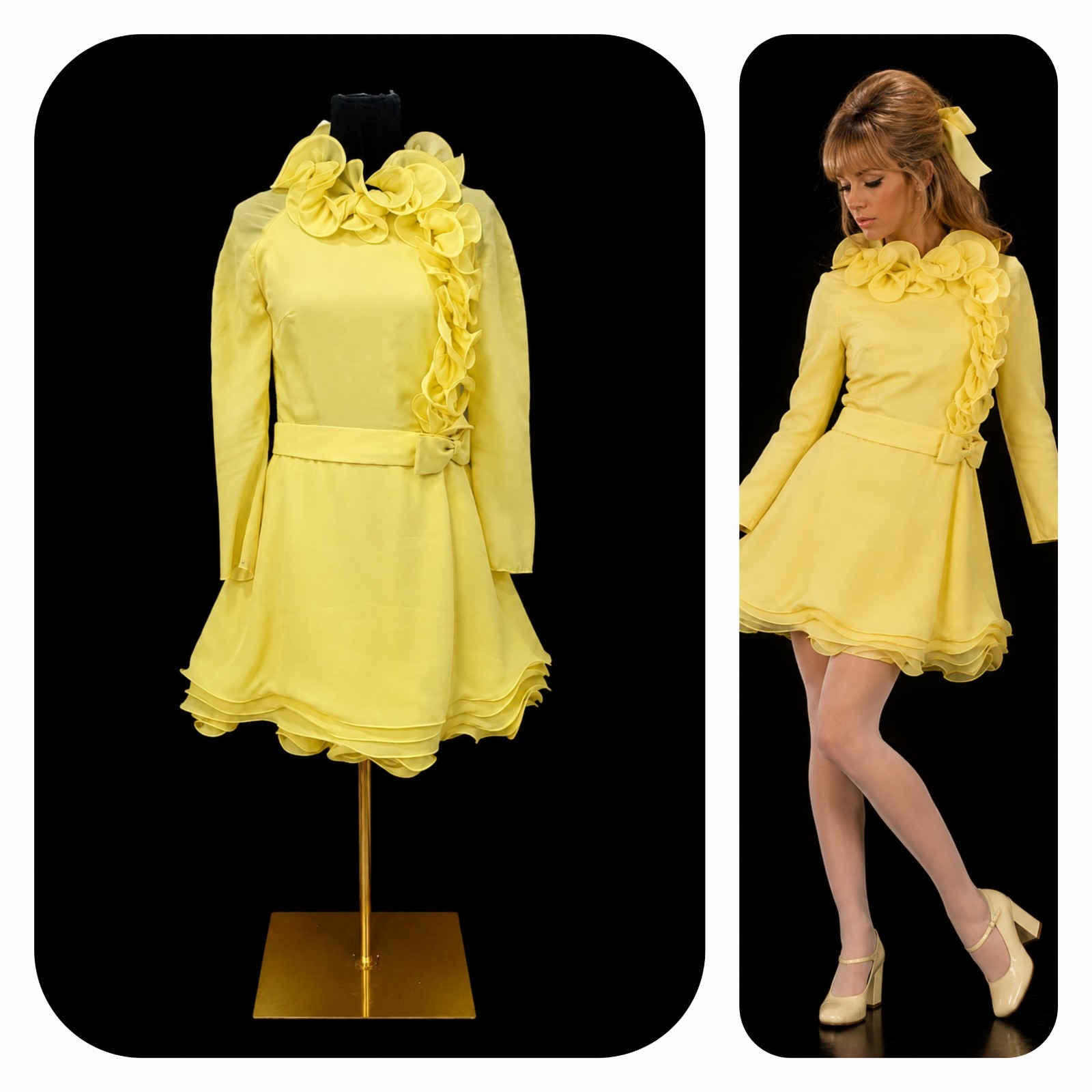 VTG 60&rsquo;s&rsquo;70s Pouponne Anvers Belgium Yellow Chiffon Ruffle Mini Dress Mod