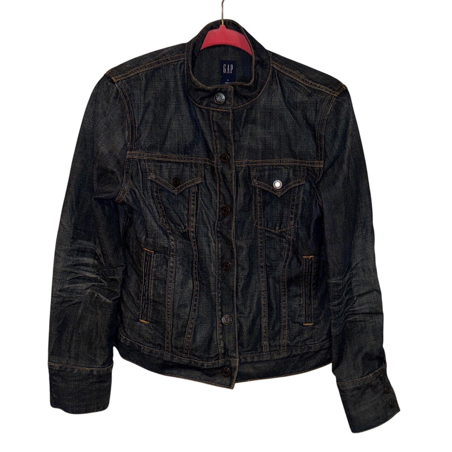 Vtg Gap Womans 2003 Blue Dark Wash Medium Denim Y2K Jacket Mandarin Collar Snaps