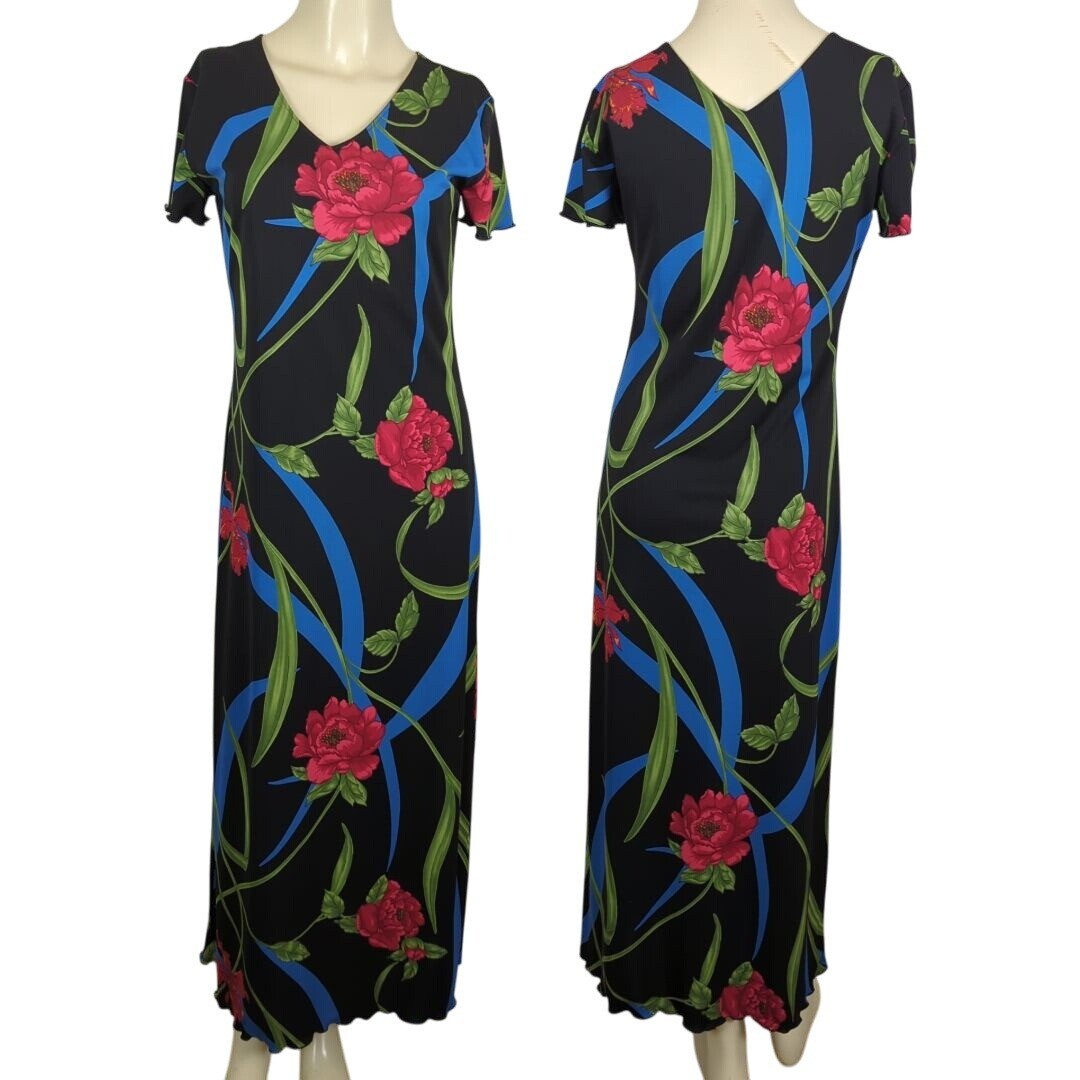 PASSPORTS Vintage Midi Dress Sz M Floral Colorful Cap sleeve Black Red Blue