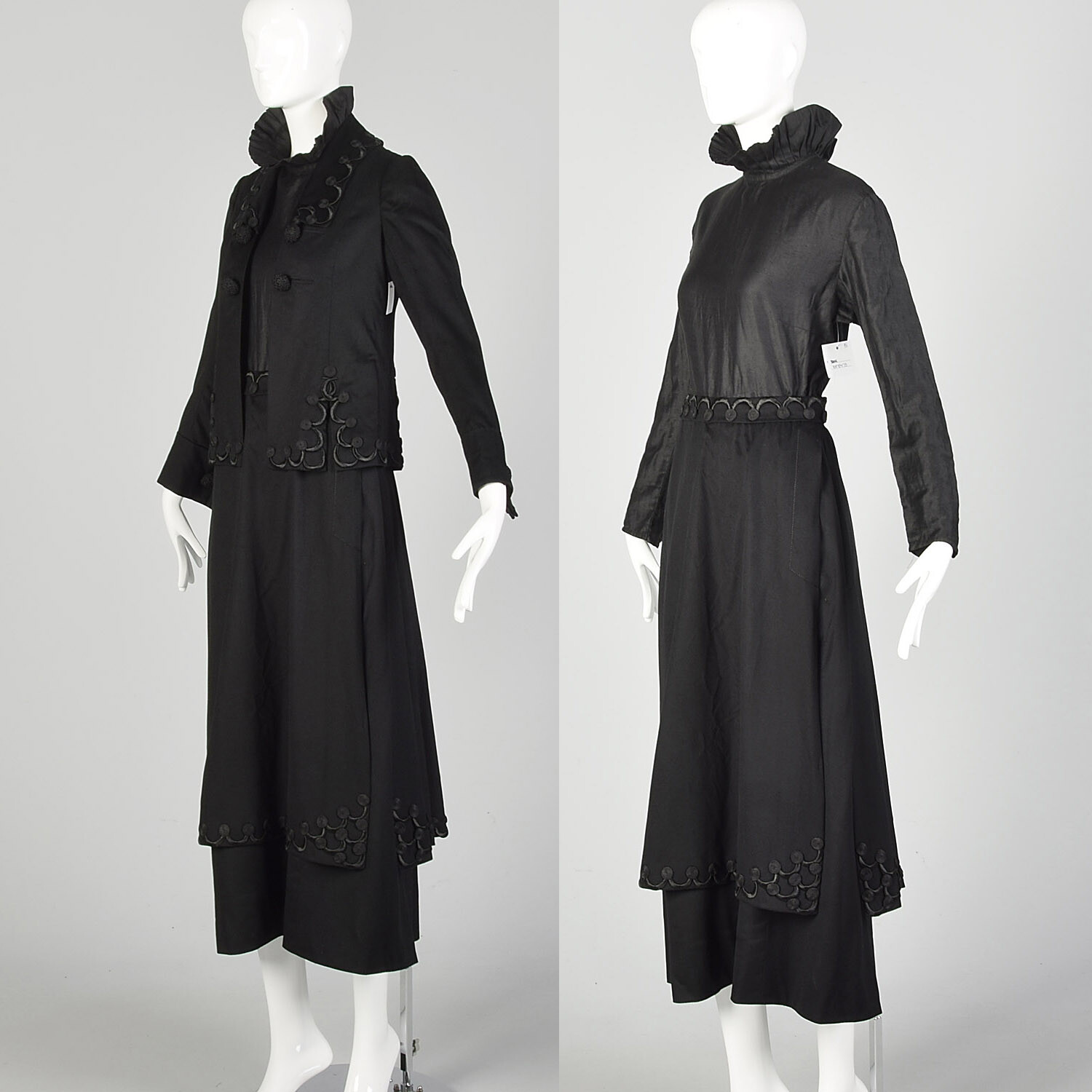 1910s Edwardian Walking Suit Black Wool Cotton Three Piece Ensemble Jacket VTG