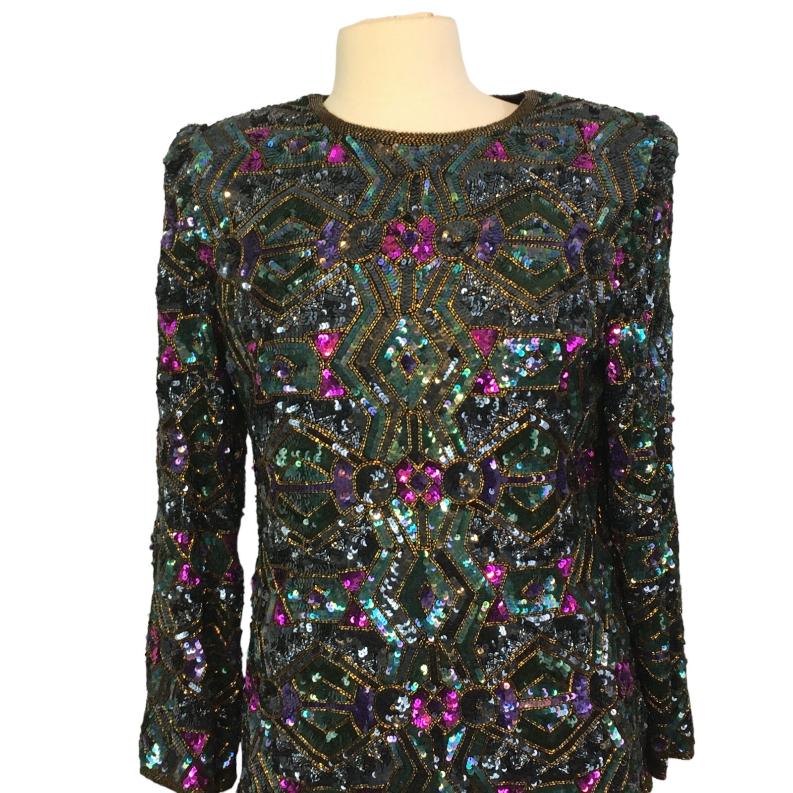 Joan Leslie Studio Vintage Silk Sequin Top and Green Skirt, Evening Gown Dress M
