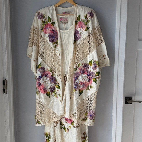Vintage 2 Piece Ana Rosa Handpainted Floral Gauzy Maxi Dress Jacket One Size