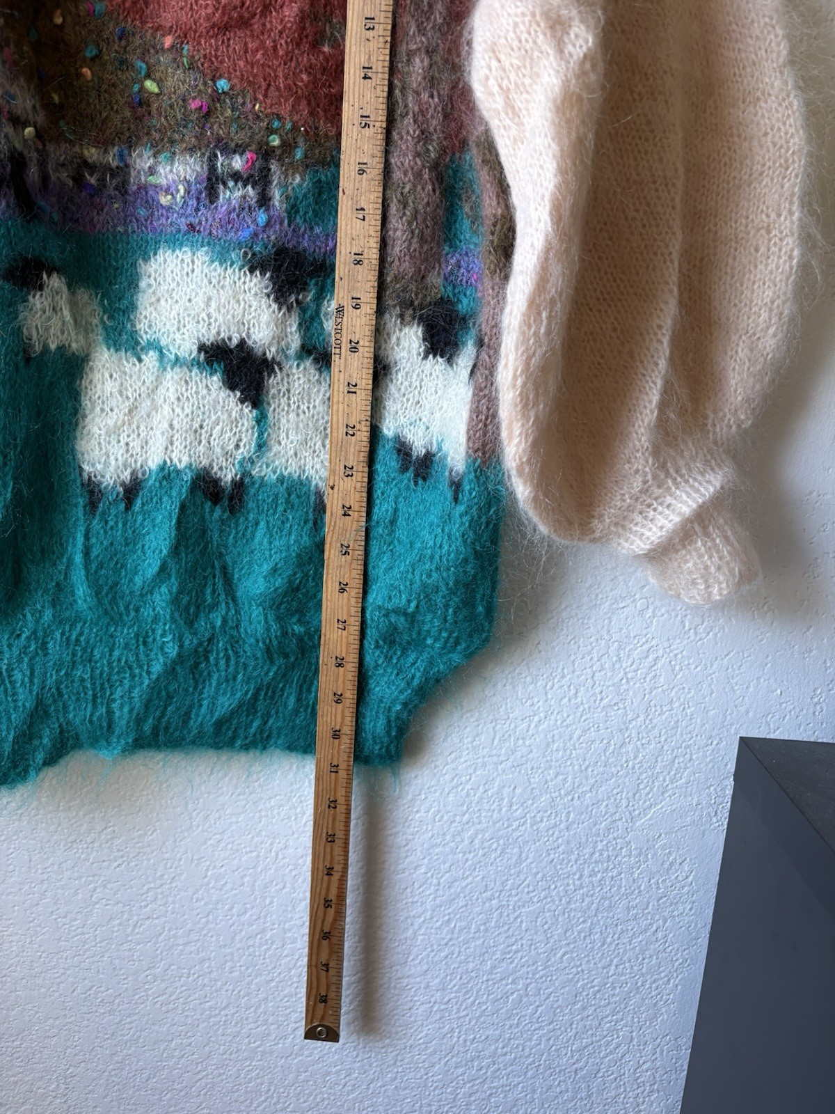 Susan Vale Hand Knitted Teal Multicolor Knit Sheep Landscape Sweater
