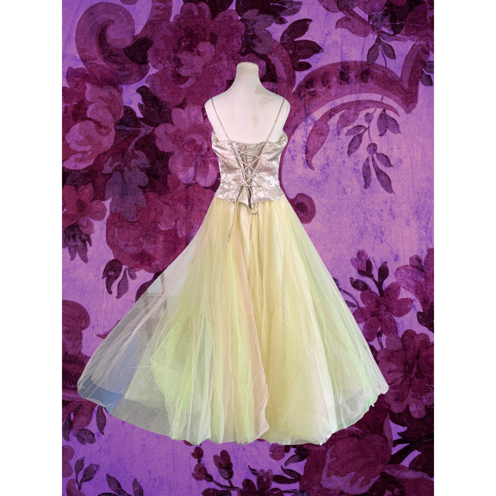 Vintage 70s Dave and Johnny Brocade Corset Tulle Green Pink Tulle Gown 13/14