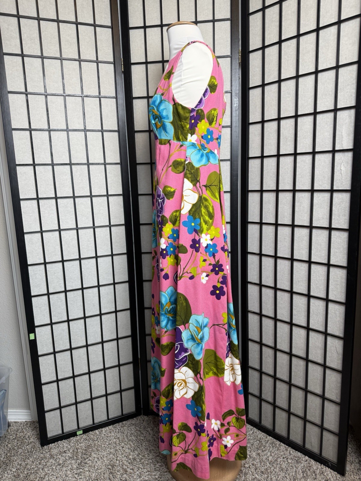 VTG 60s Ui-Maikai Hawaiian Pink Floral Barkcloth Maxi Dress Resort Tiki Luau
