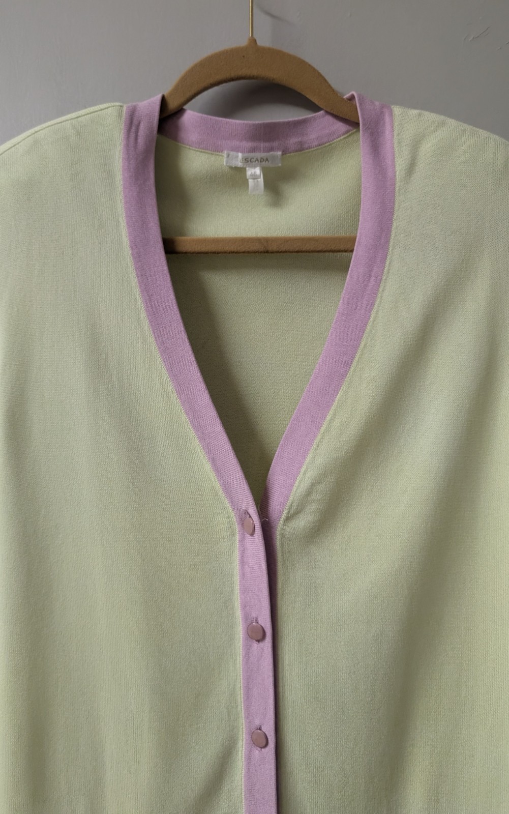 Escada Vintage V-Neck Cardigan Sweater Chartreuse Yellow Lilac Pink Germany 46