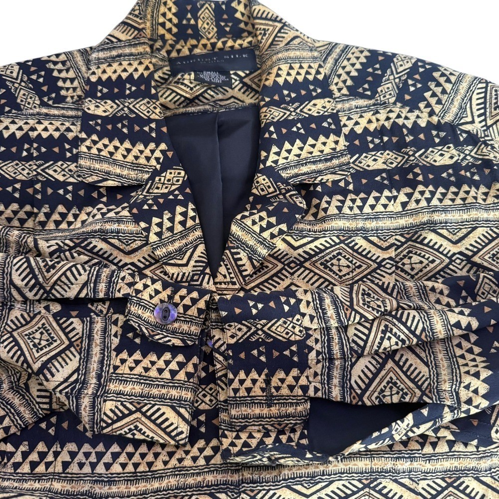 Vintage 80s Silk Aztec Geometric Slouchy Jacket Size S Petite Black Gold Tribal