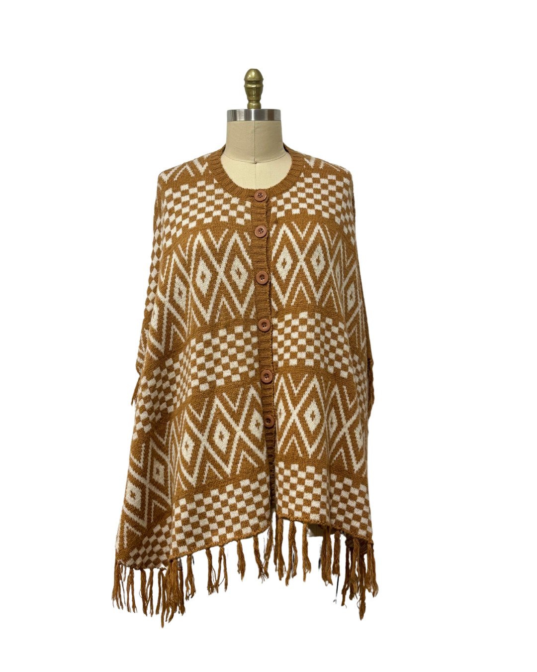 1970s CAMEL CHECKERED & CHEVRON FRINGE PONCHO | WOMEN&rsquo;S CAPPUCCINO PONCHO