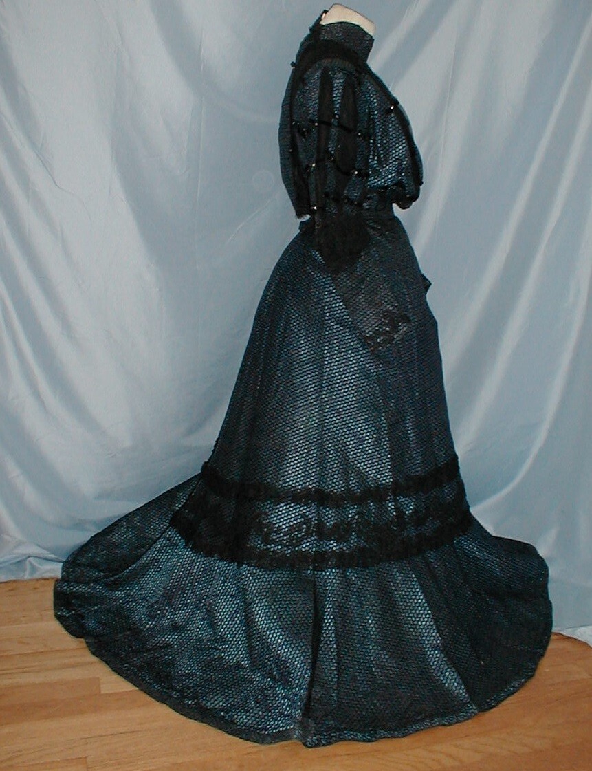 Ornate Antique Dress Victorian 1890&rsquo;s Blue and Black Print Silk Lavish Trims