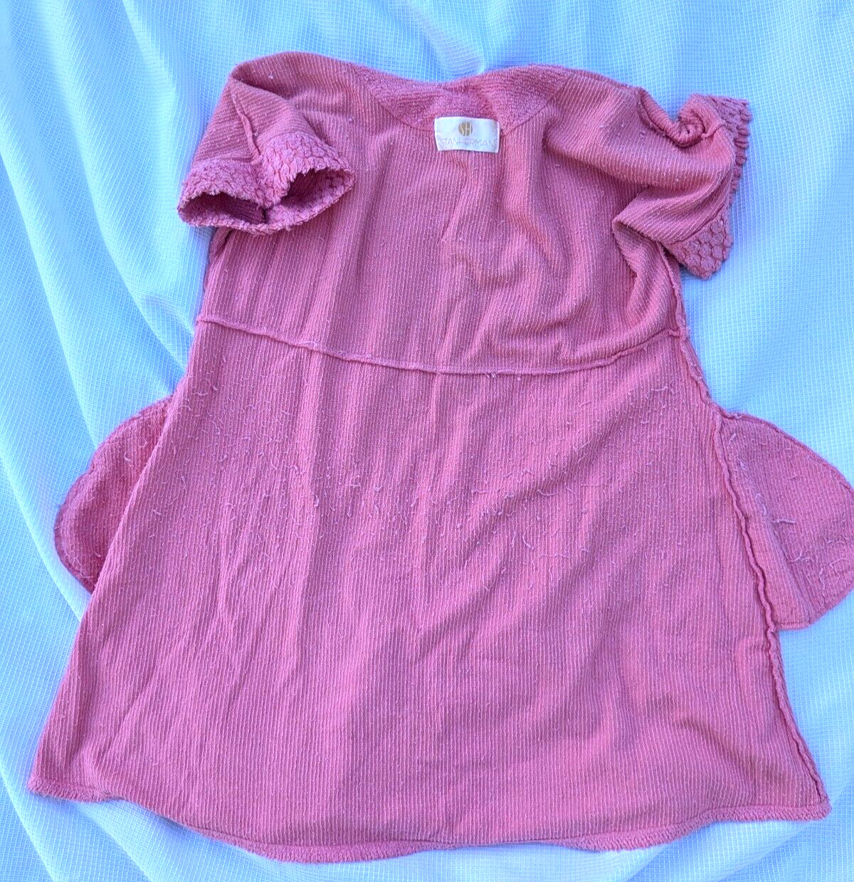 Vtg STAN HERMAN Bubble Gum Pink Chenille Robe Button Front Short Sleeve XXL/OS