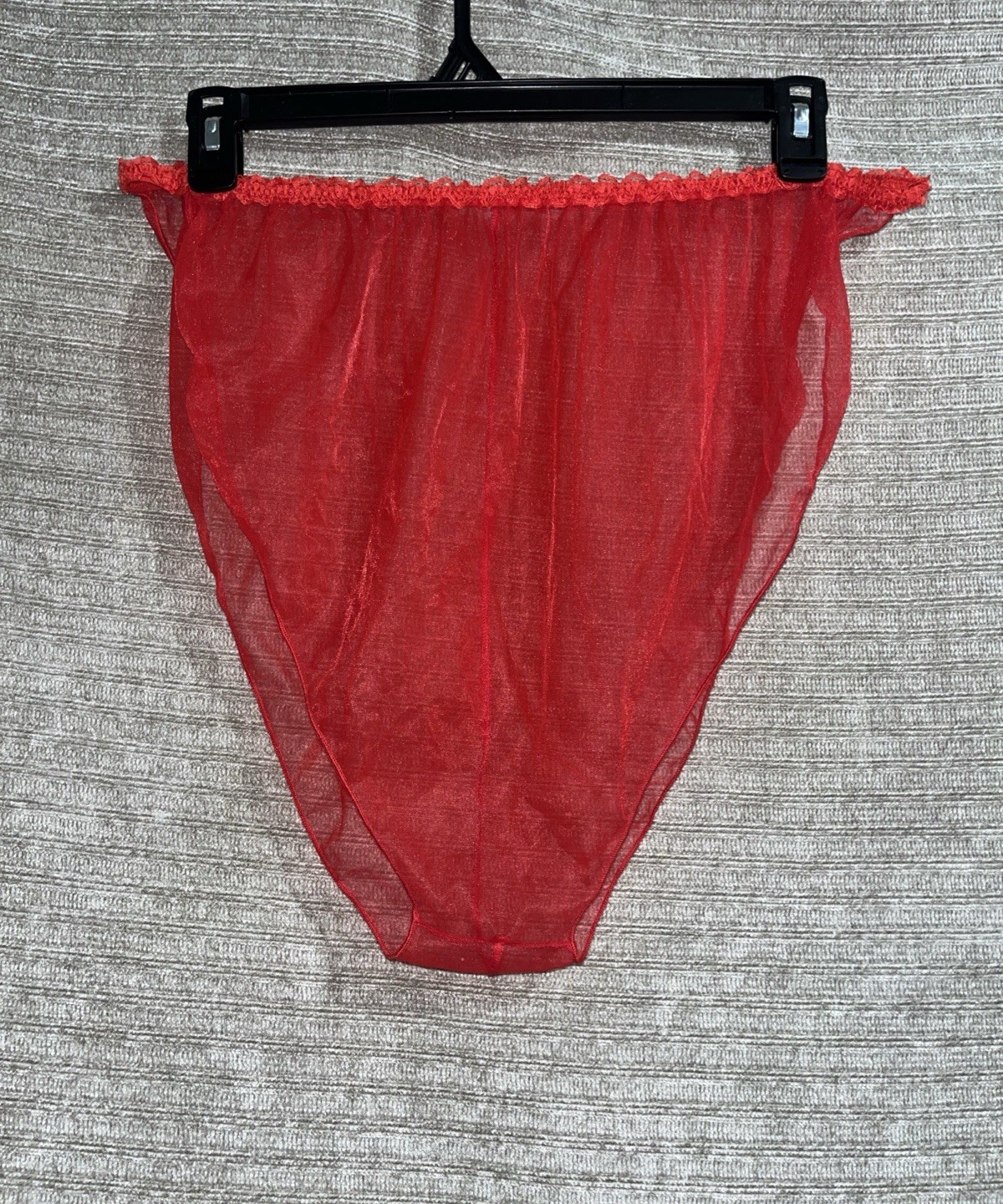 Vintage 1970s Red Sheer Nylon String Lace Trim High Cut Legs Sissy Panties 2XL