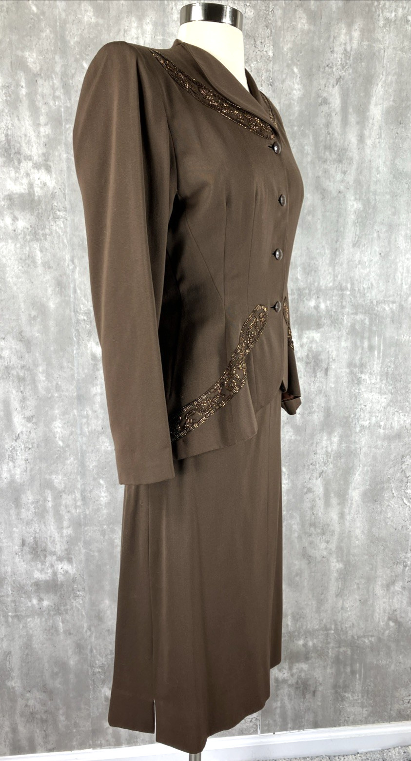 Vintage 1940s Swansdown Brown Wool Gabardine Beaded Skirt Suit MINT