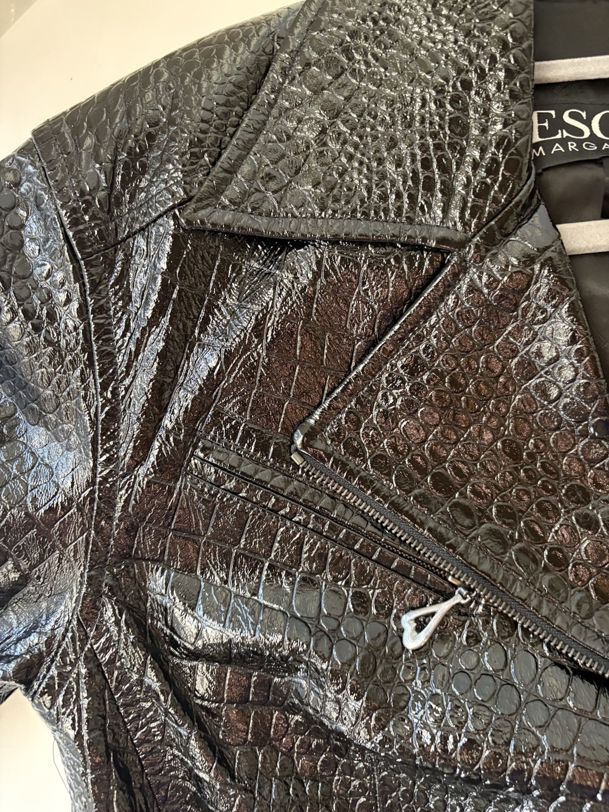 Rare Escada Margaretha Ley Pantsuit Set Leather Croc Embossed Moto EU 34/36