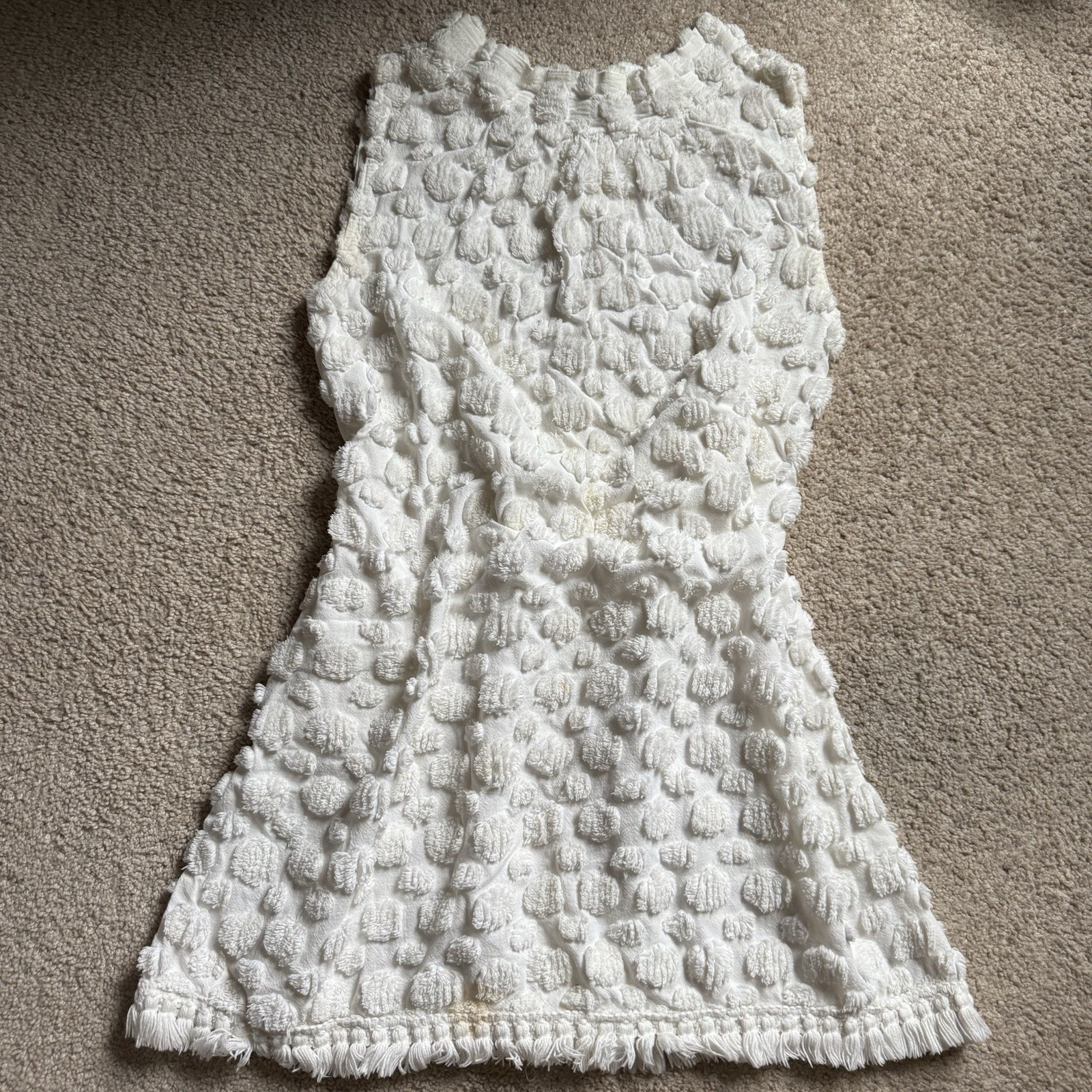 60s 70s vintage handmade white shift dress 10 12 bubble texture popcorn stitch
