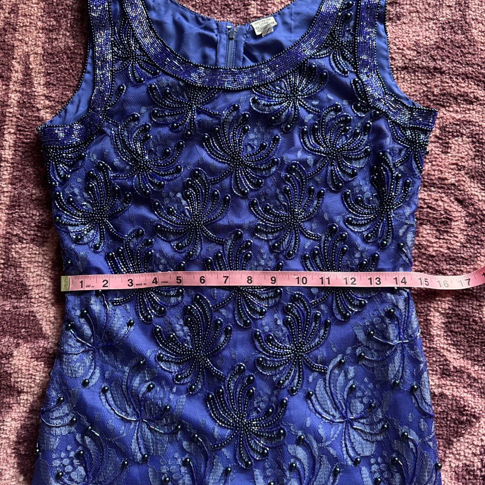 Vintage Fully Beaded Royal Blue Lace Party Dress (Size M-L) Special Occasion