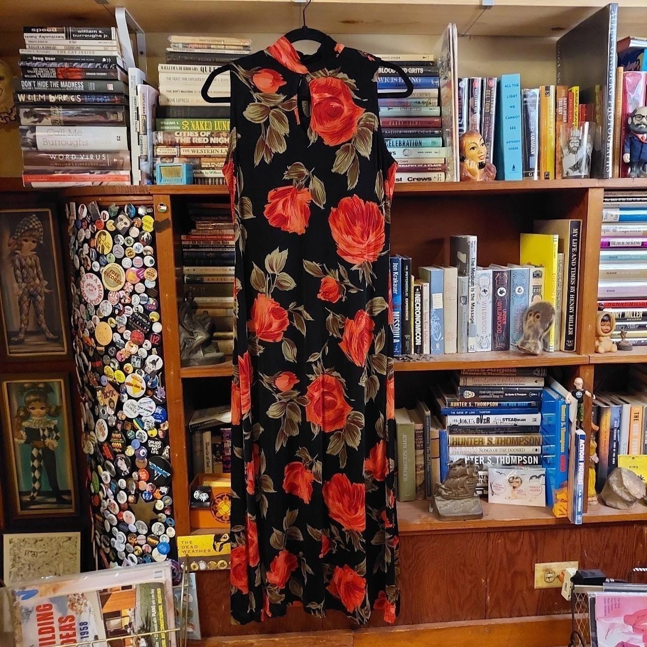 Vintage black red and black floral print dress with a built in bra and high neck