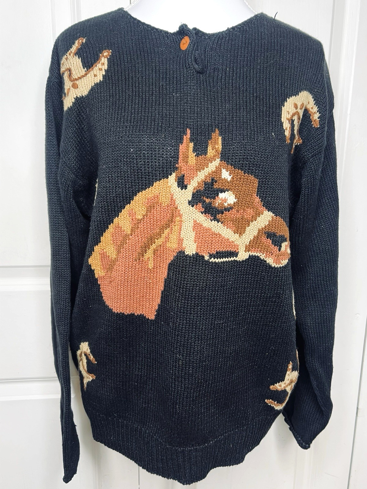 Vtg Chaus Horse Horseshoes Size LARGE Black Sweater Pullover Womens Ramie Cotton